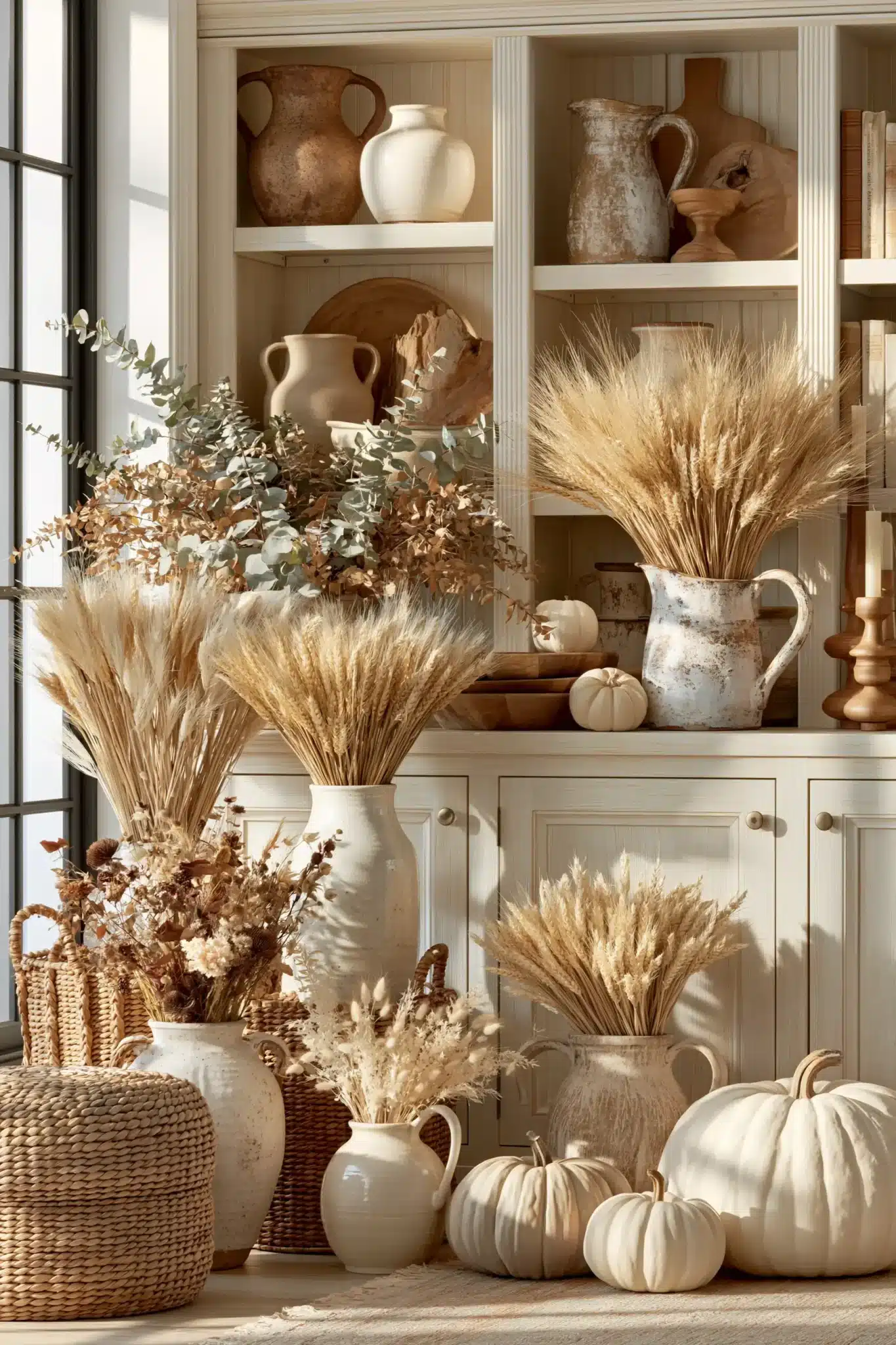 Wheat bundle decor arranged in a rustic vase with natural autumn textures.