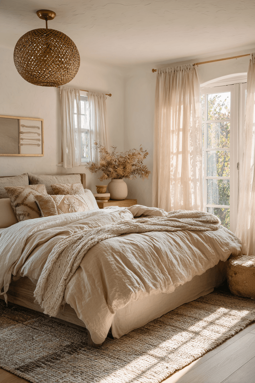 A wheat-toned bedroom with natural fibers, soft neutrals, and warm lighting