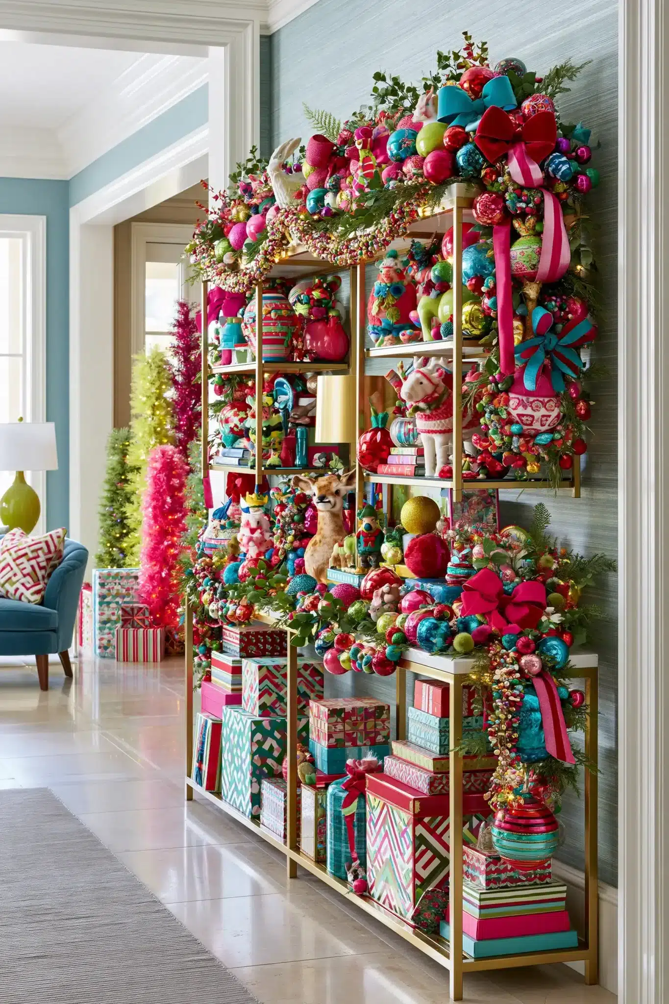 Whimsical Christmas entryway table with bright ornaments, bows, and playful holiday accents