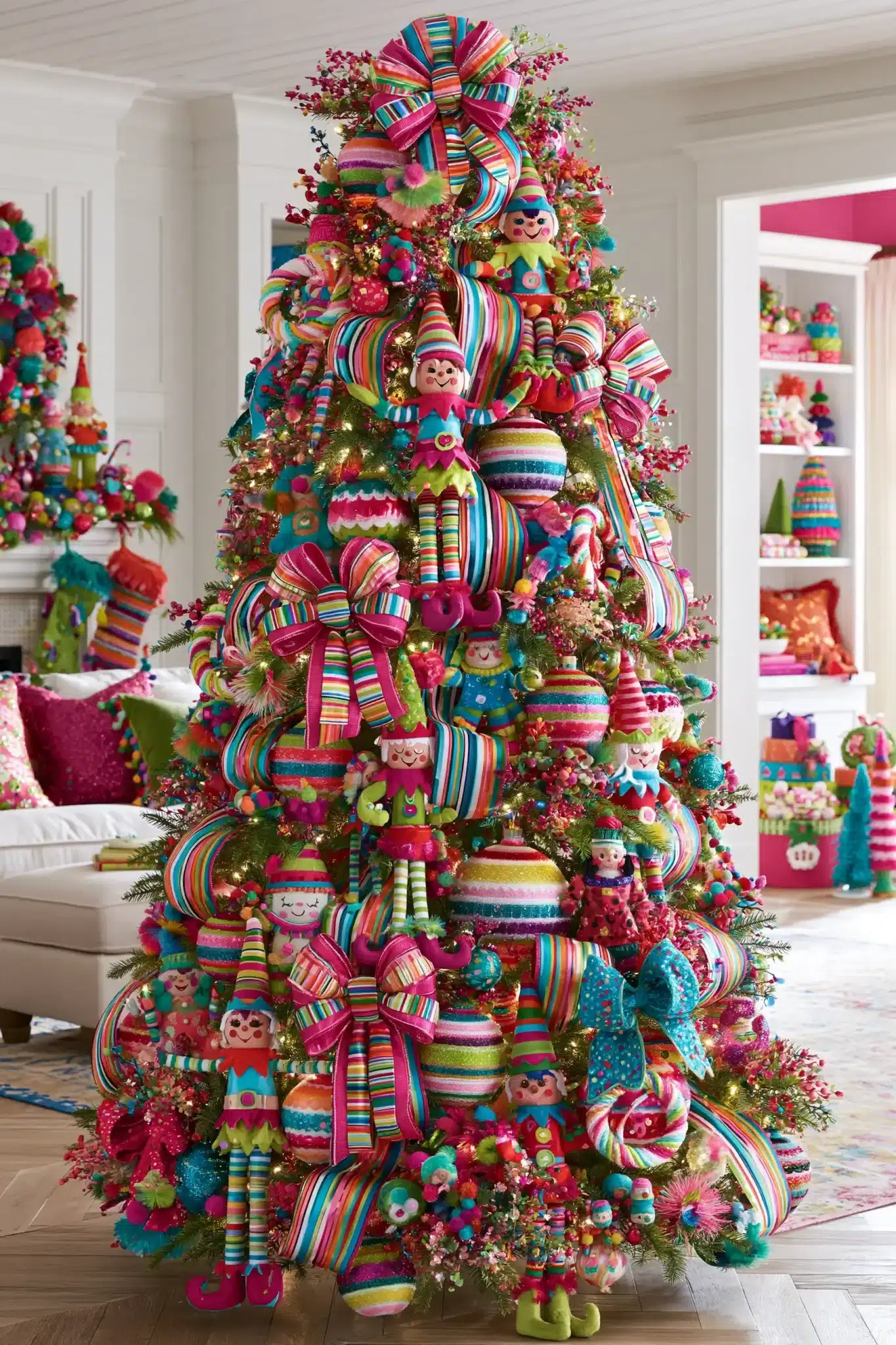Whimsical elf Christmas tree with bright ornaments, playful ribbons, and fun holiday characters