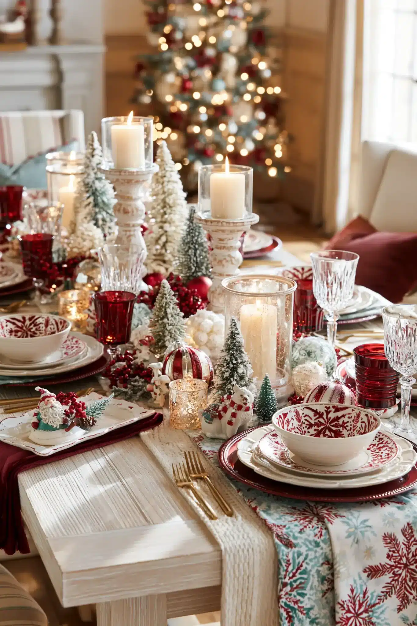 A whimsical winter Christmas table with miniature trees, ornaments, and textured layers