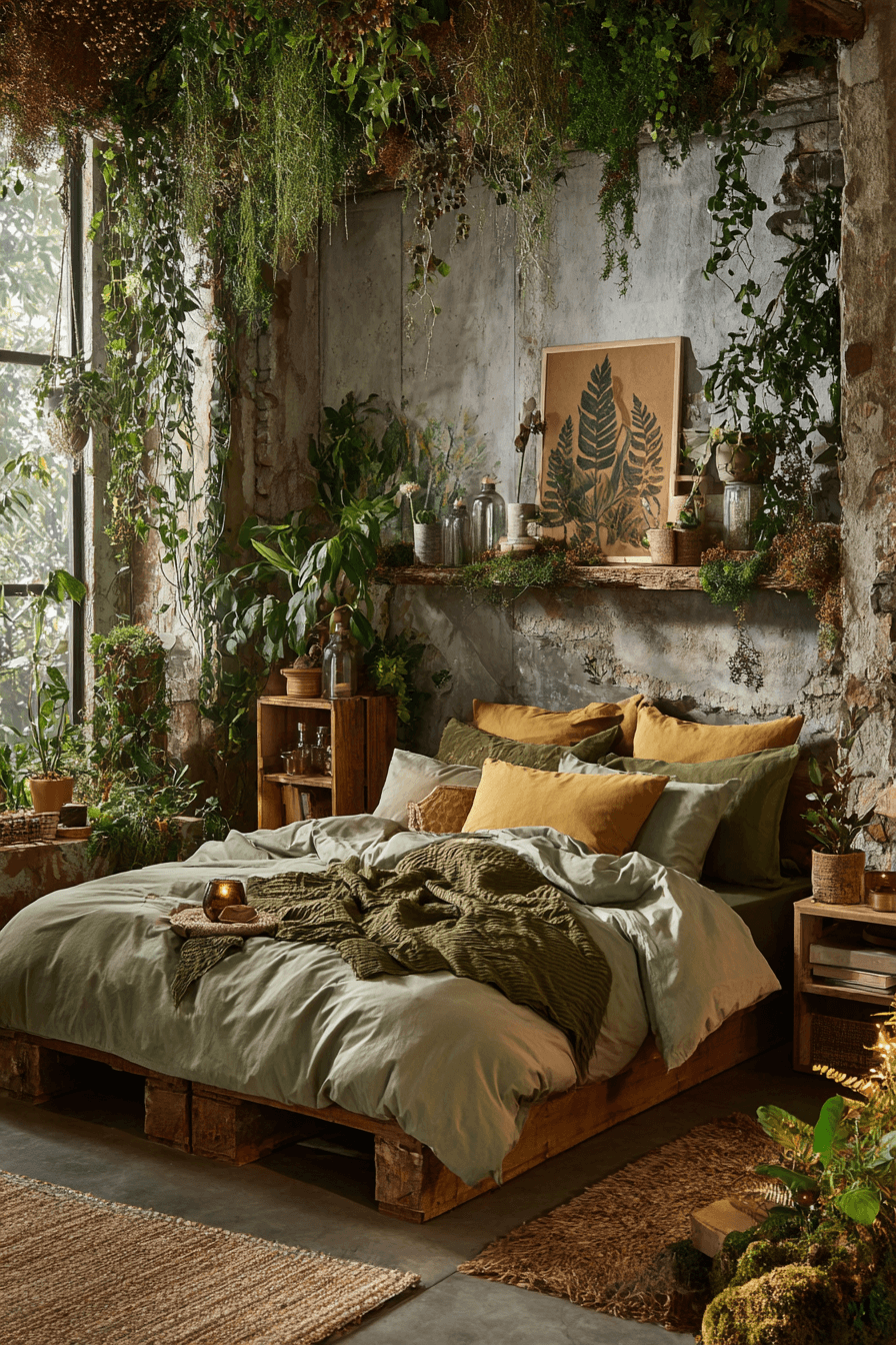 Whimsical woodland bedroom with vines, pressed leaves, and rustic natural decor