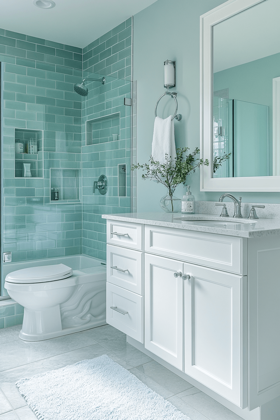 White and aqua coastal bathroom with crisp finishes and a bright open feel