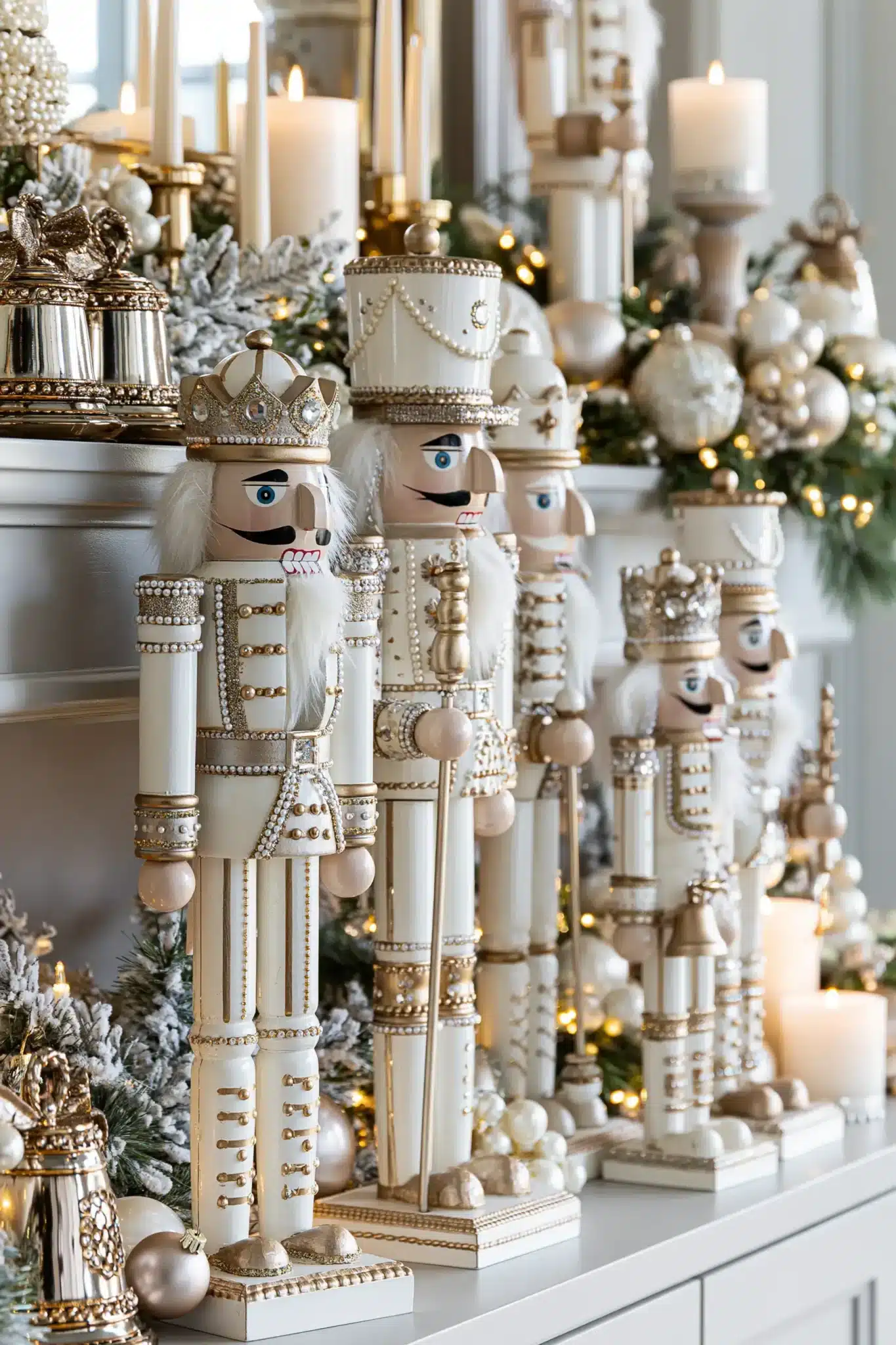 White nutcracker decorations styled with gold trim on a holiday mantel.