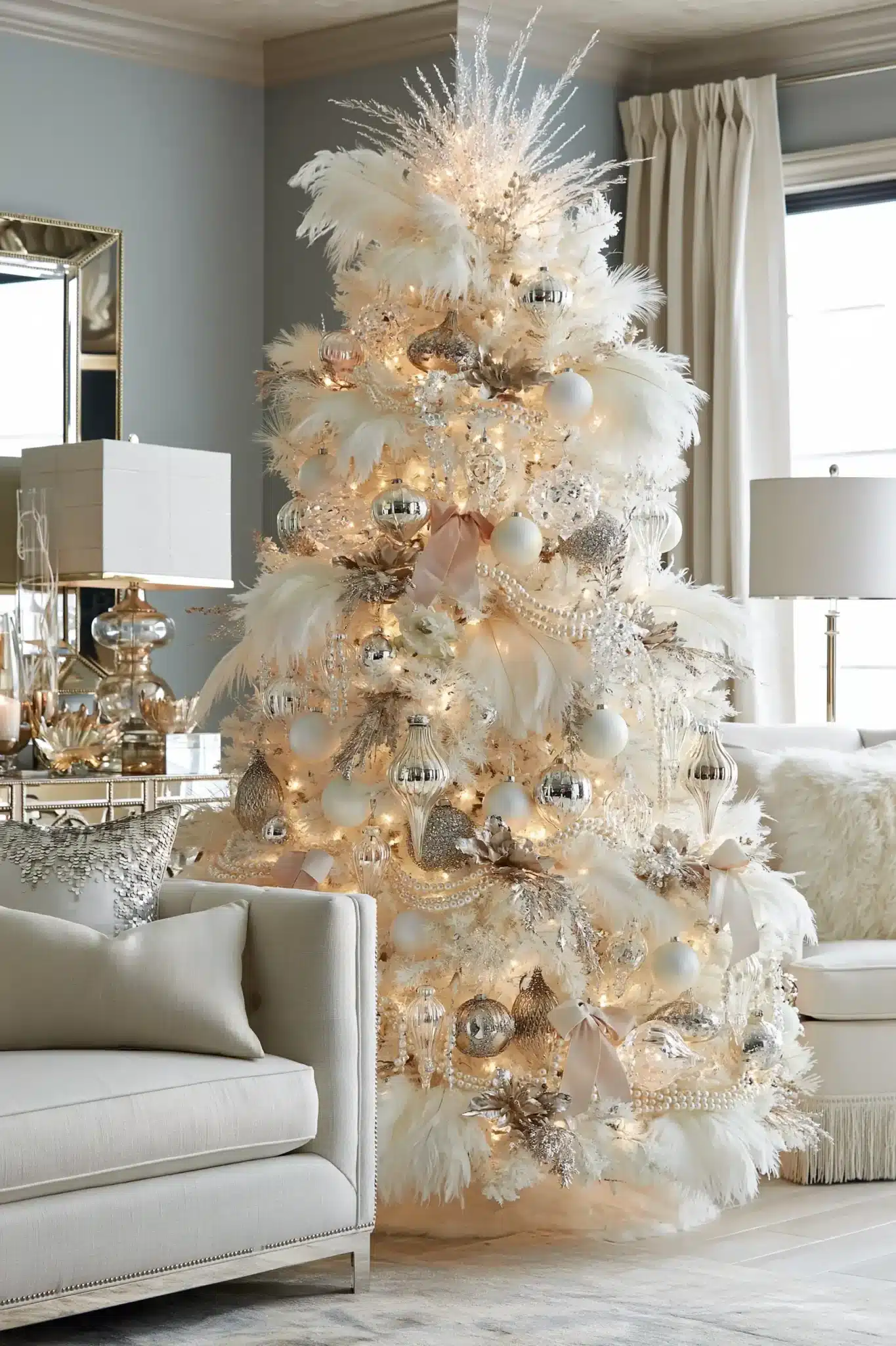White winter glam Christmas tree with crystal ornaments, pearl garlands, and soft ribbons