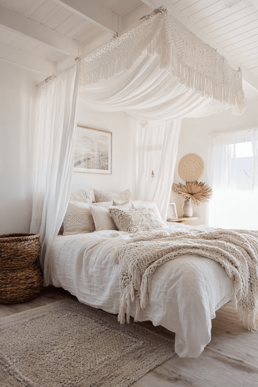 Beachy boho bedroom with whitewashed walls and furniture, linen bedding, and soft natural textures