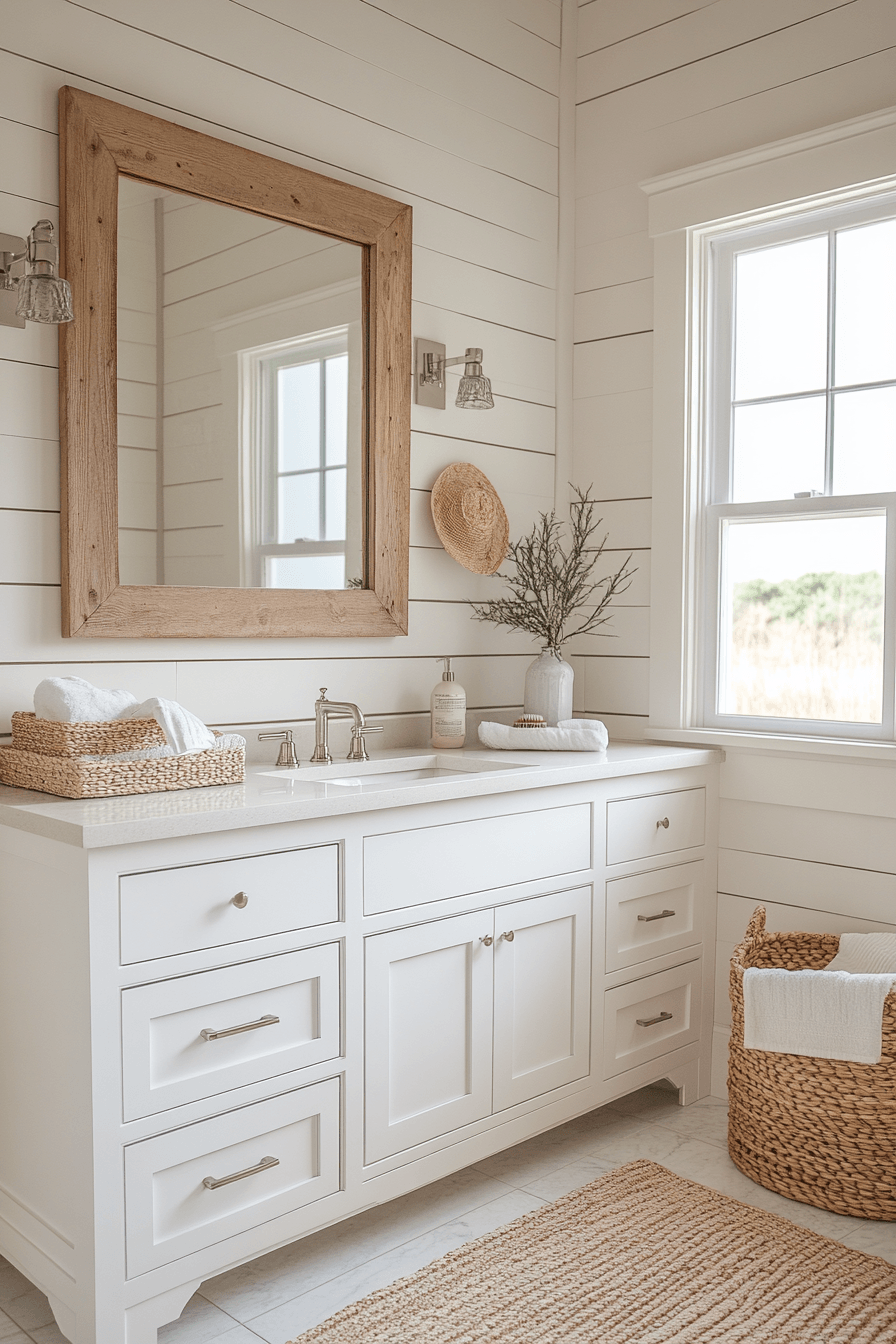 Modern coastal bathroom with whitewashed paneling and black hardware