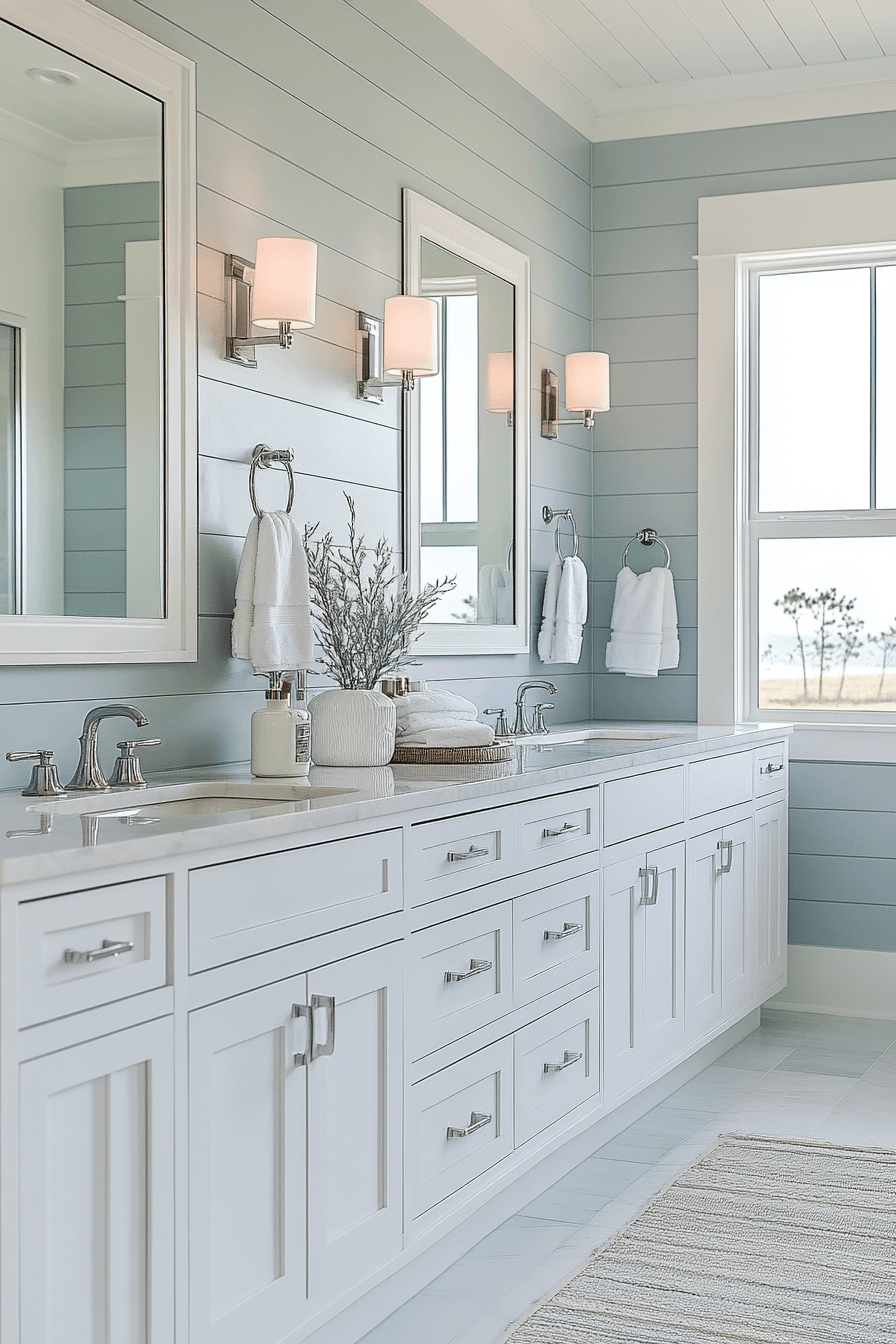 Bright beachy bathroom with large mirror, light colors, and soft blue accents