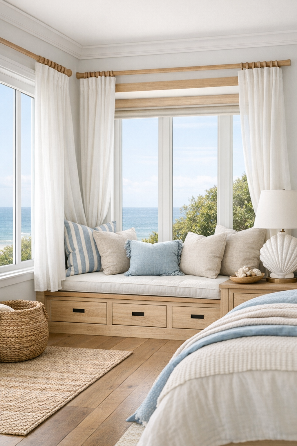 A cozy beachy bedroom with a built-in window seat, striped cushions, and hidden storage.