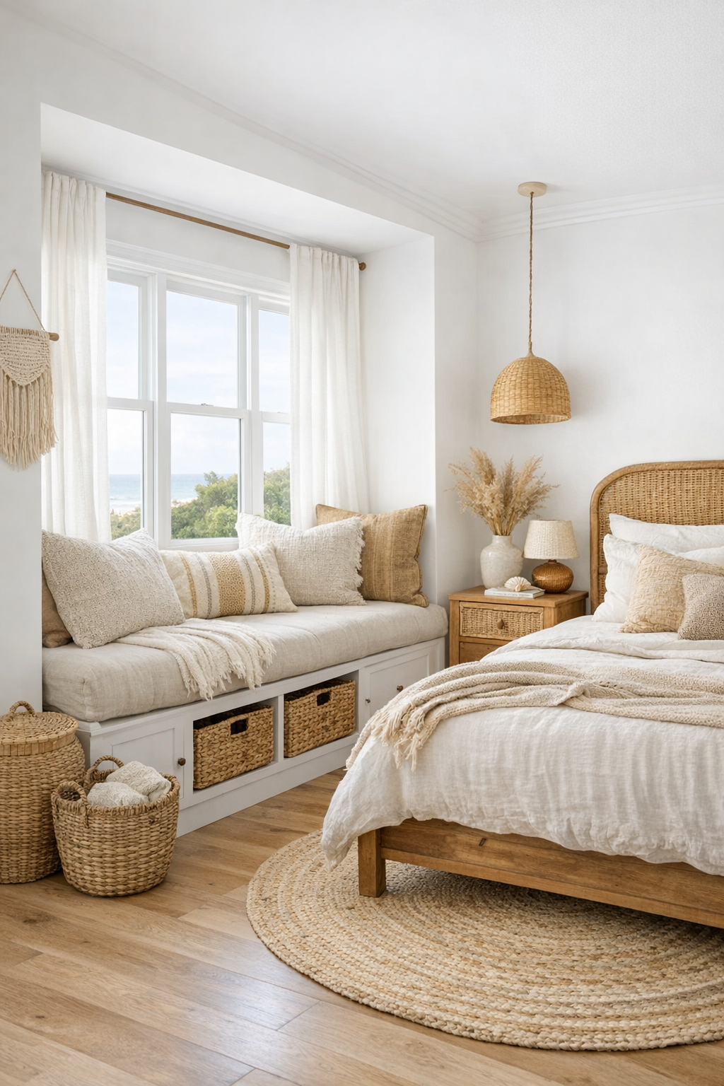 Beachy boho bedroom with a linen window-seat reading nook, woven storage basket, and soft natural light