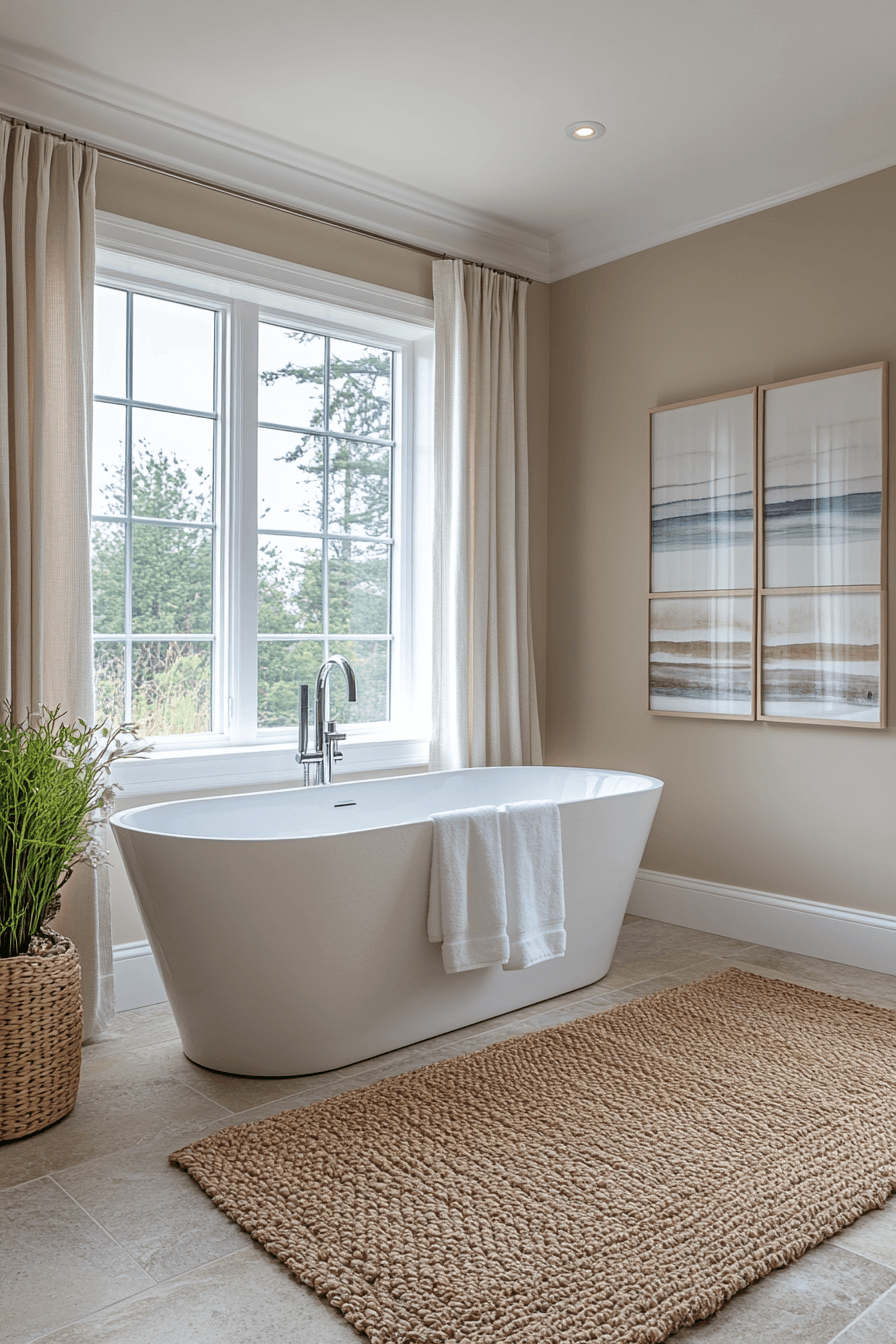 Modern coastal bathroom with a soaking tub by a large window and sandy tones