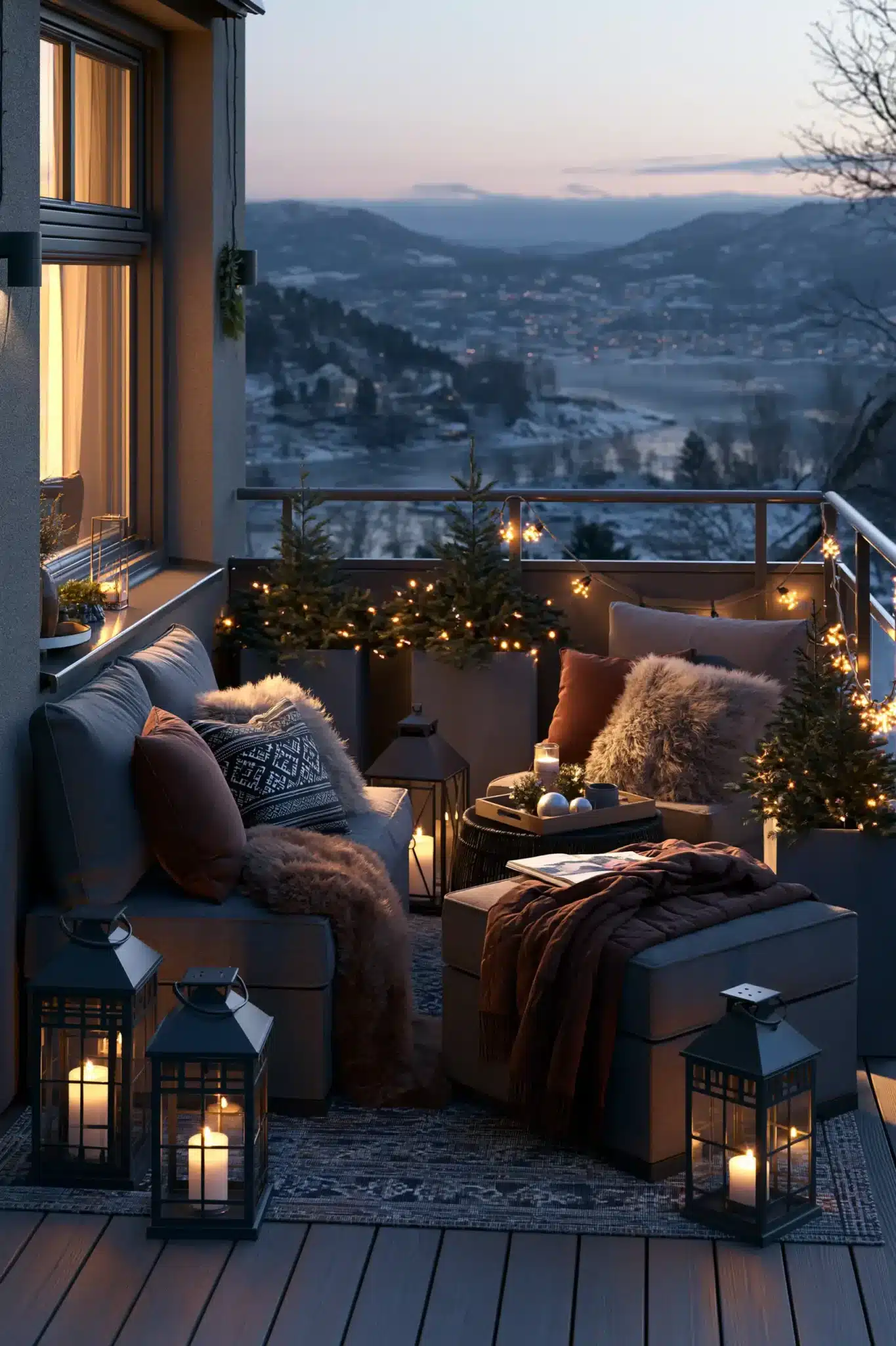 A winter balcony decorated with lanterns and cozy holiday accents