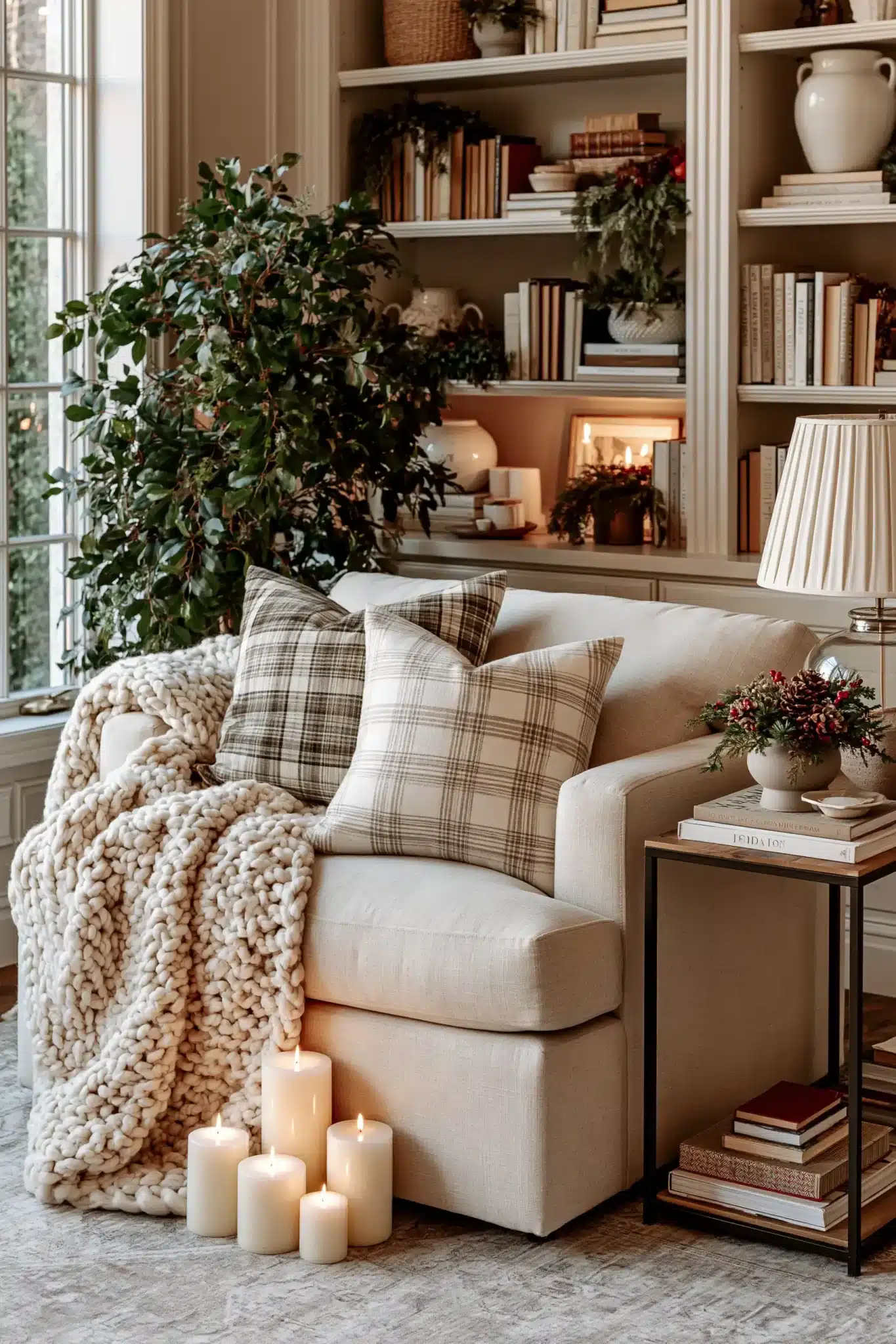 A cozy reading nook decorated for Christmas with blankets and greenery