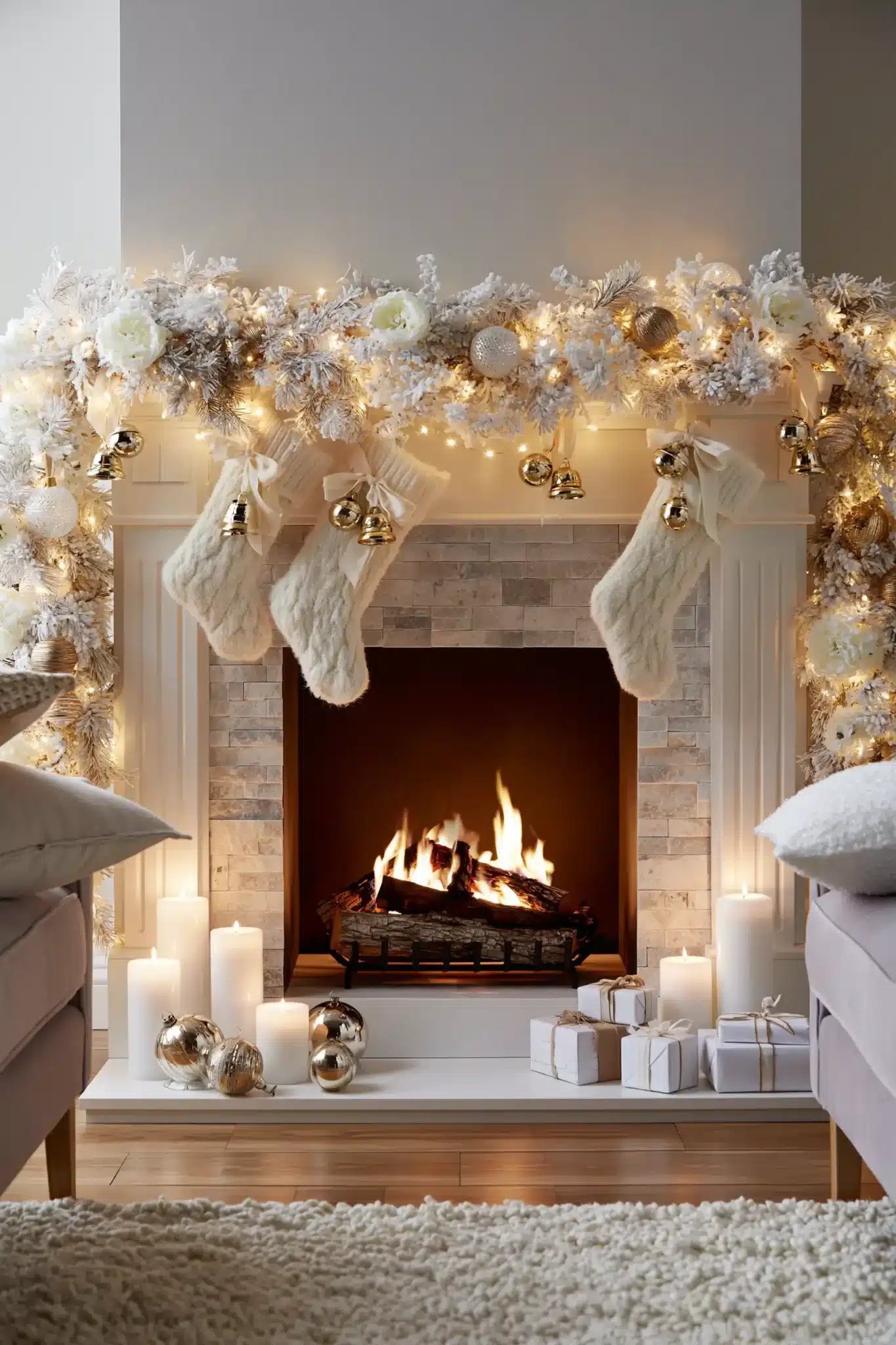 A Christmas fireplace styled with winter white stockings, frosted garland, gold bells, and fairy lights.