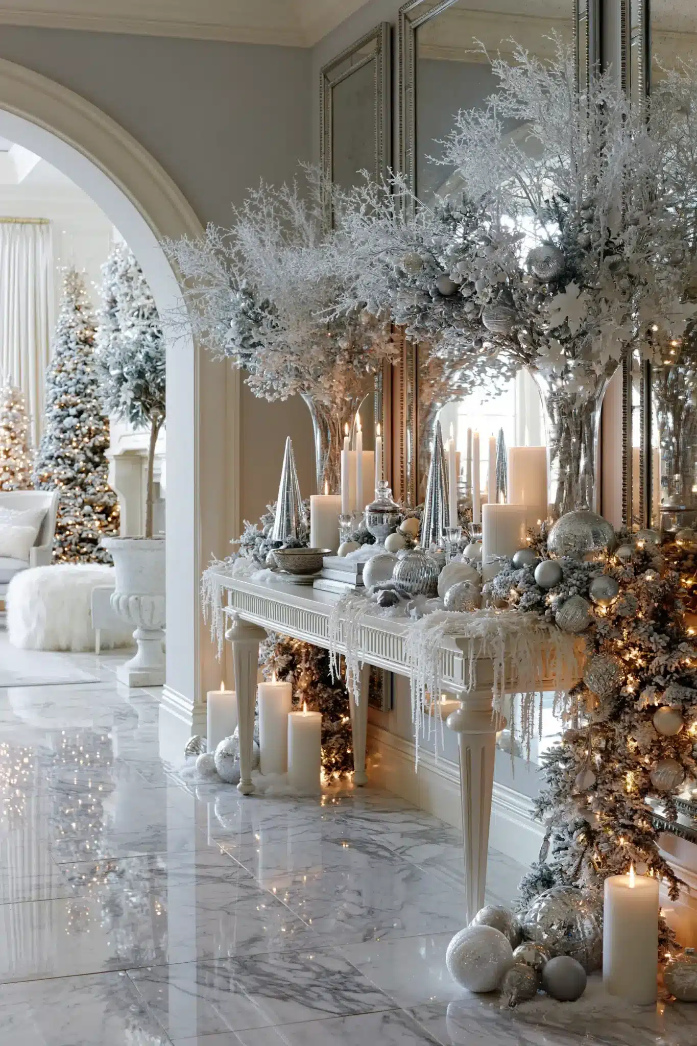 Winter wonderland Christmas entryway table with frosted greenery, silver ornaments, and glowing lights