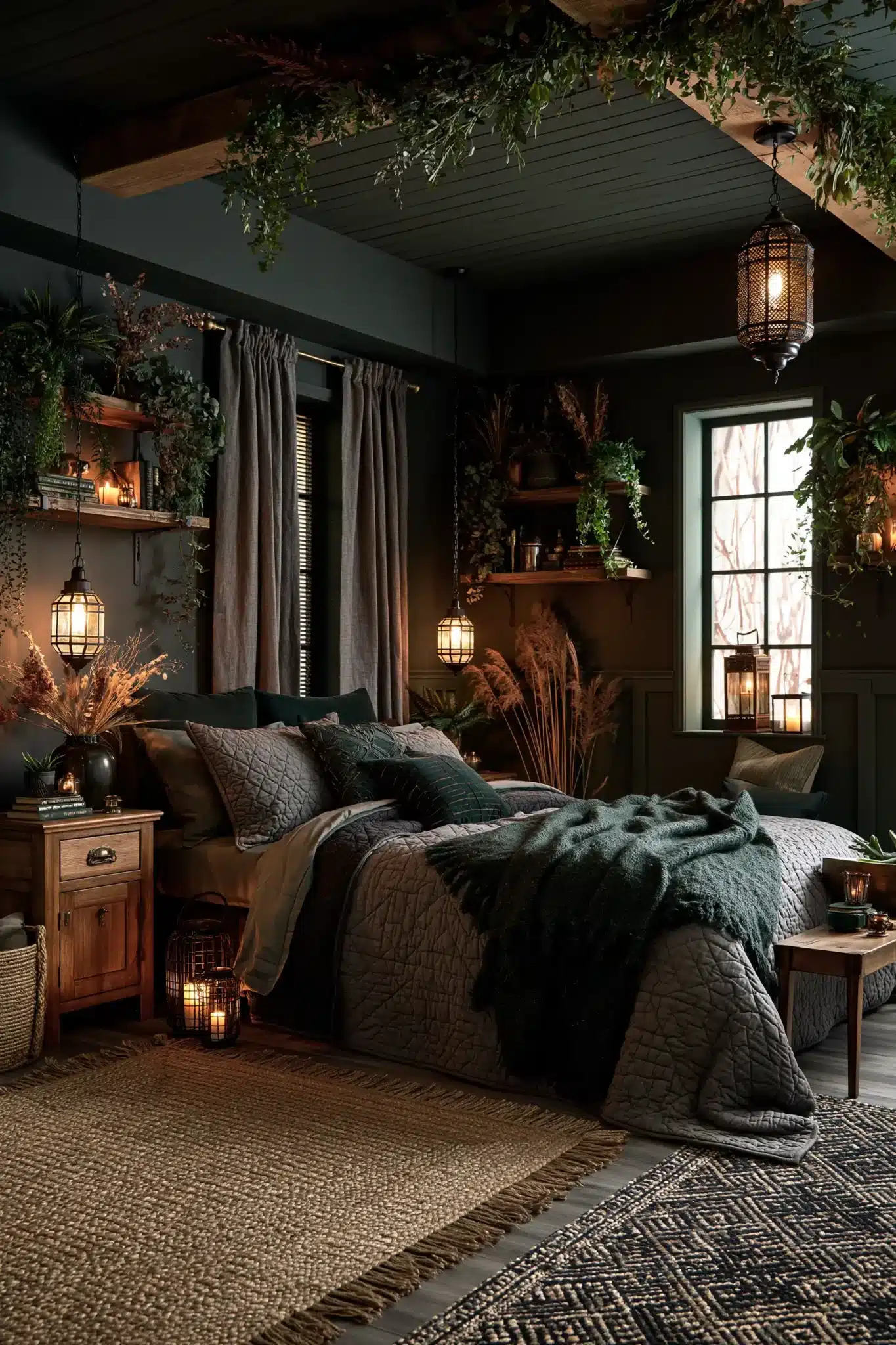 A witchy gothic bedroom with earthy tones, lantern light, and botanical décor