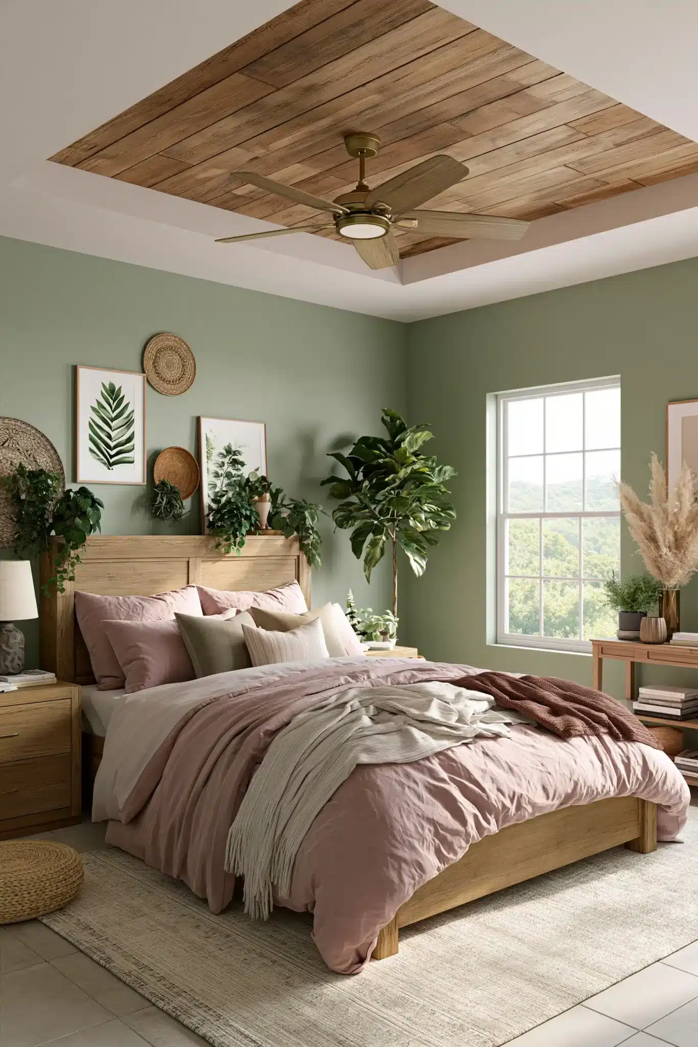 Woodland-inspired sage green and blush bedroom with rustic wood and greenery.