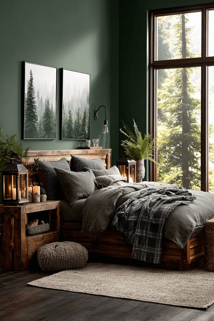 Woodland-inspired bedroom with deep green walls, wood furniture, and leafy accents