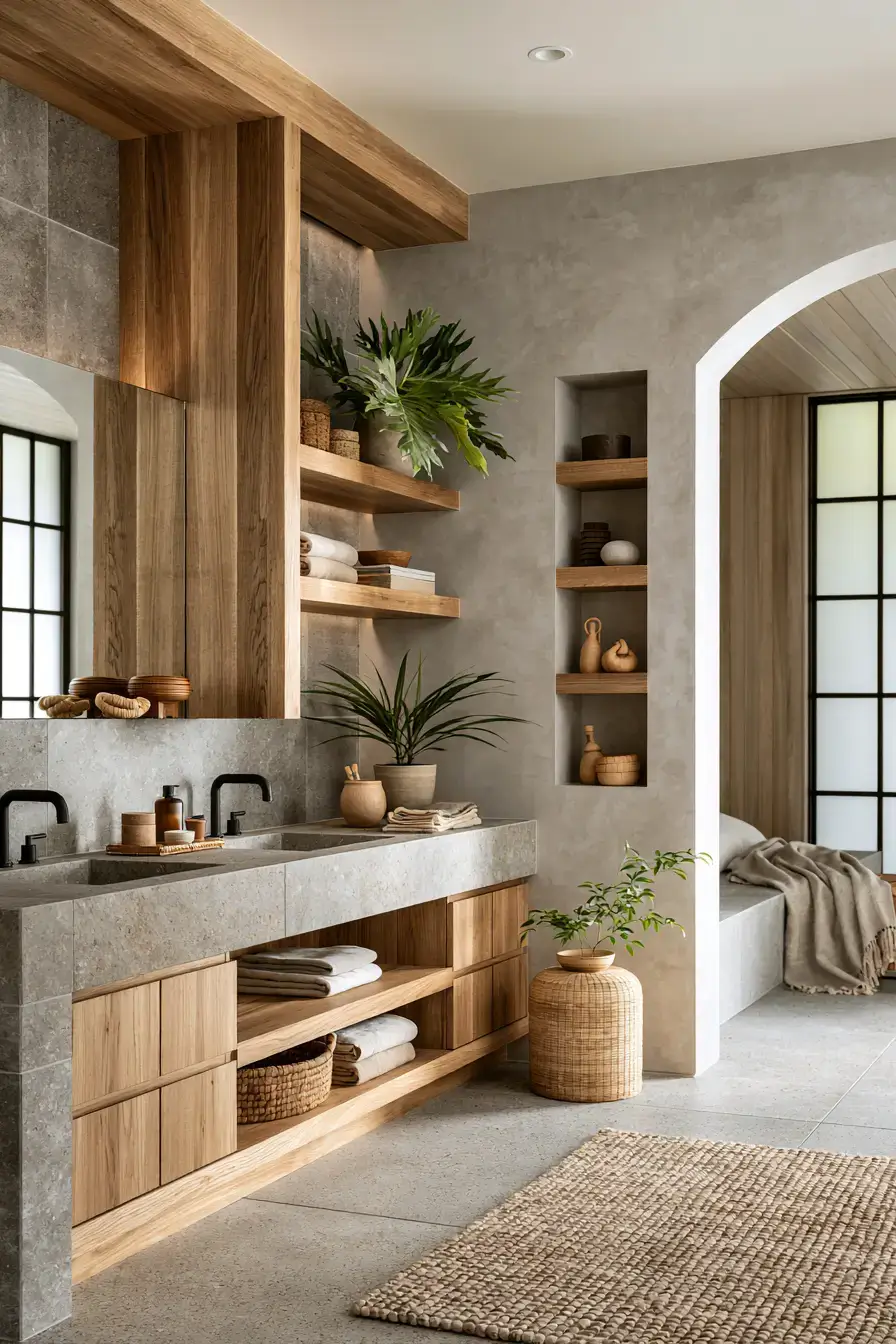 Nature-inspired Japandi bathroom with wood finishes, greenery, and earthy textures
