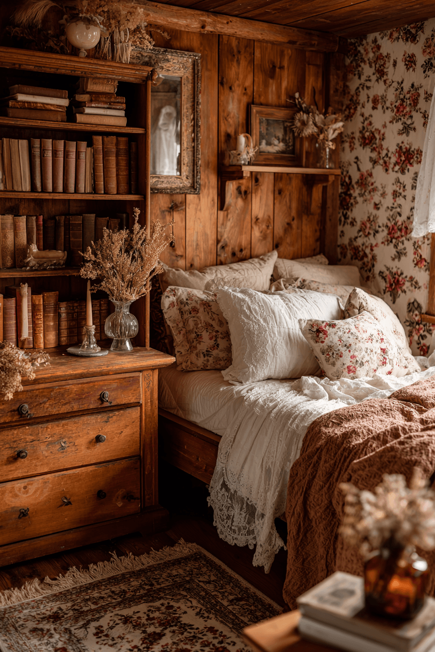 Cottage-style bedroom with vintage furniture, floral details, and natural textures