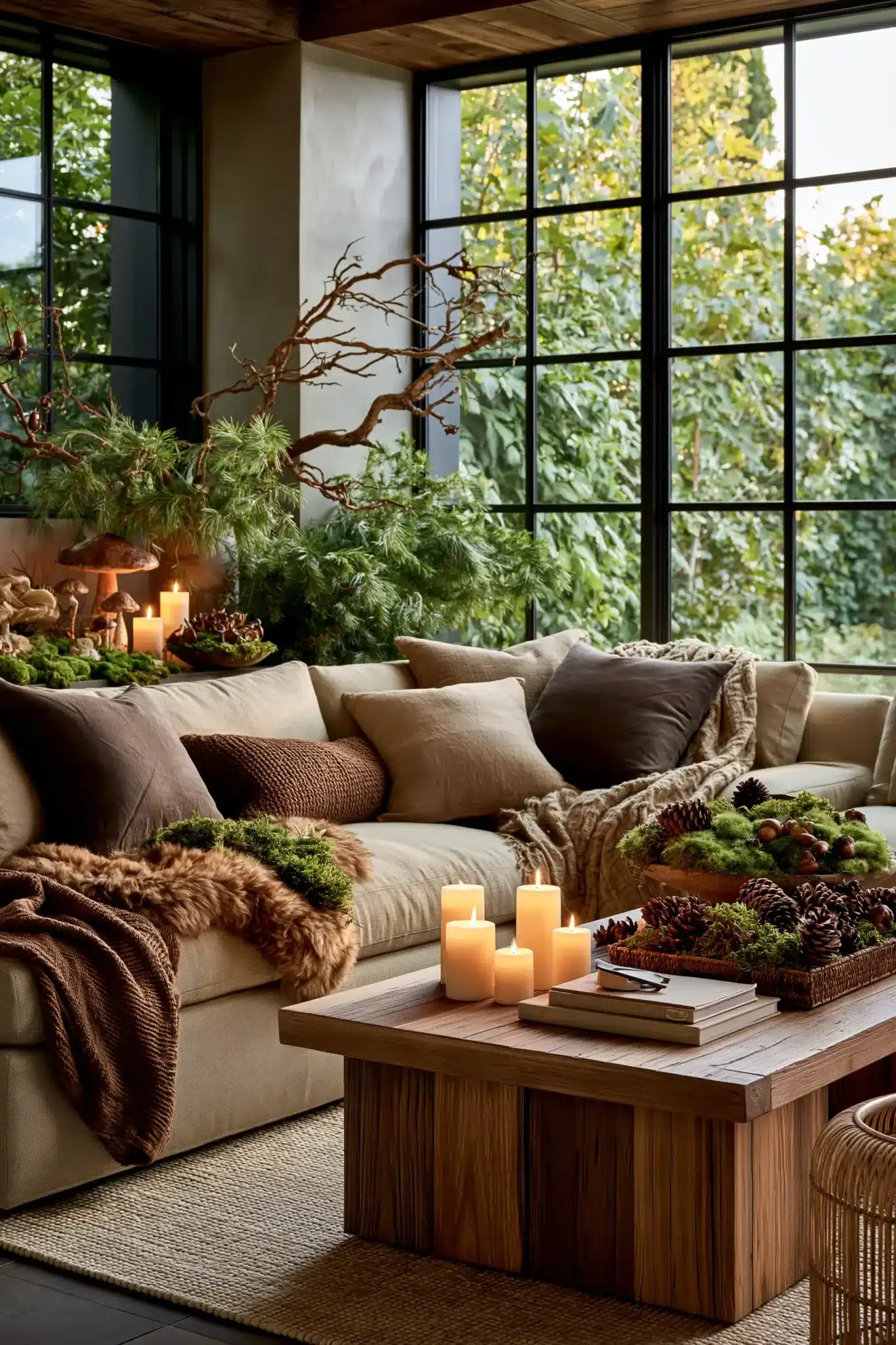 Woodland autumn accents with pinecones, branches, moss, acorns, and greenery.