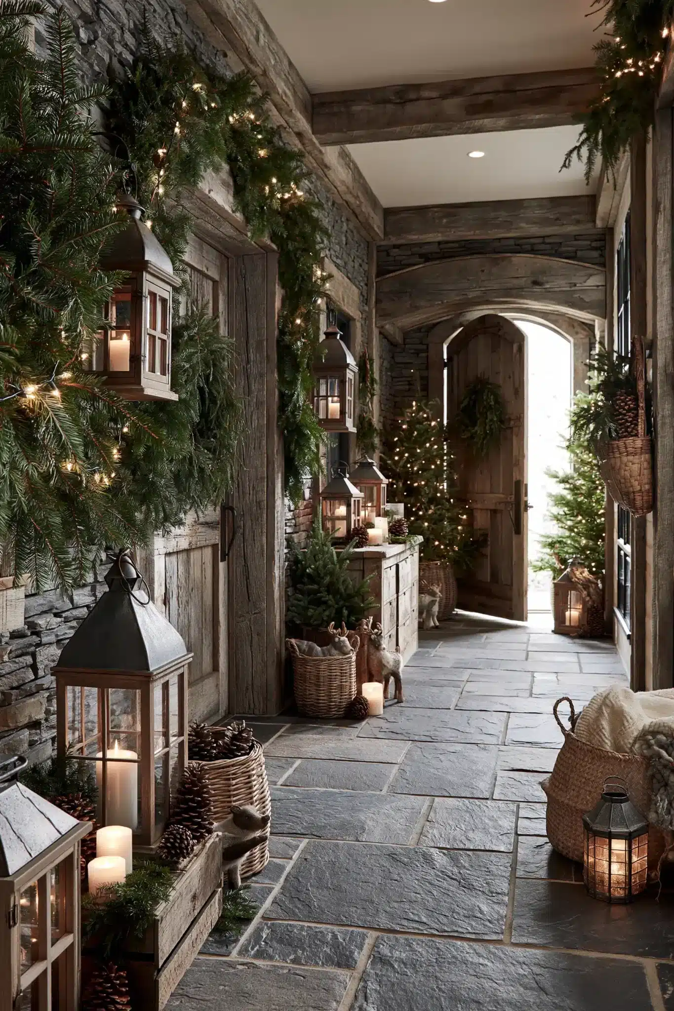 Rustic hallway with woodland Christmas decor, pinecones, and natural greenery