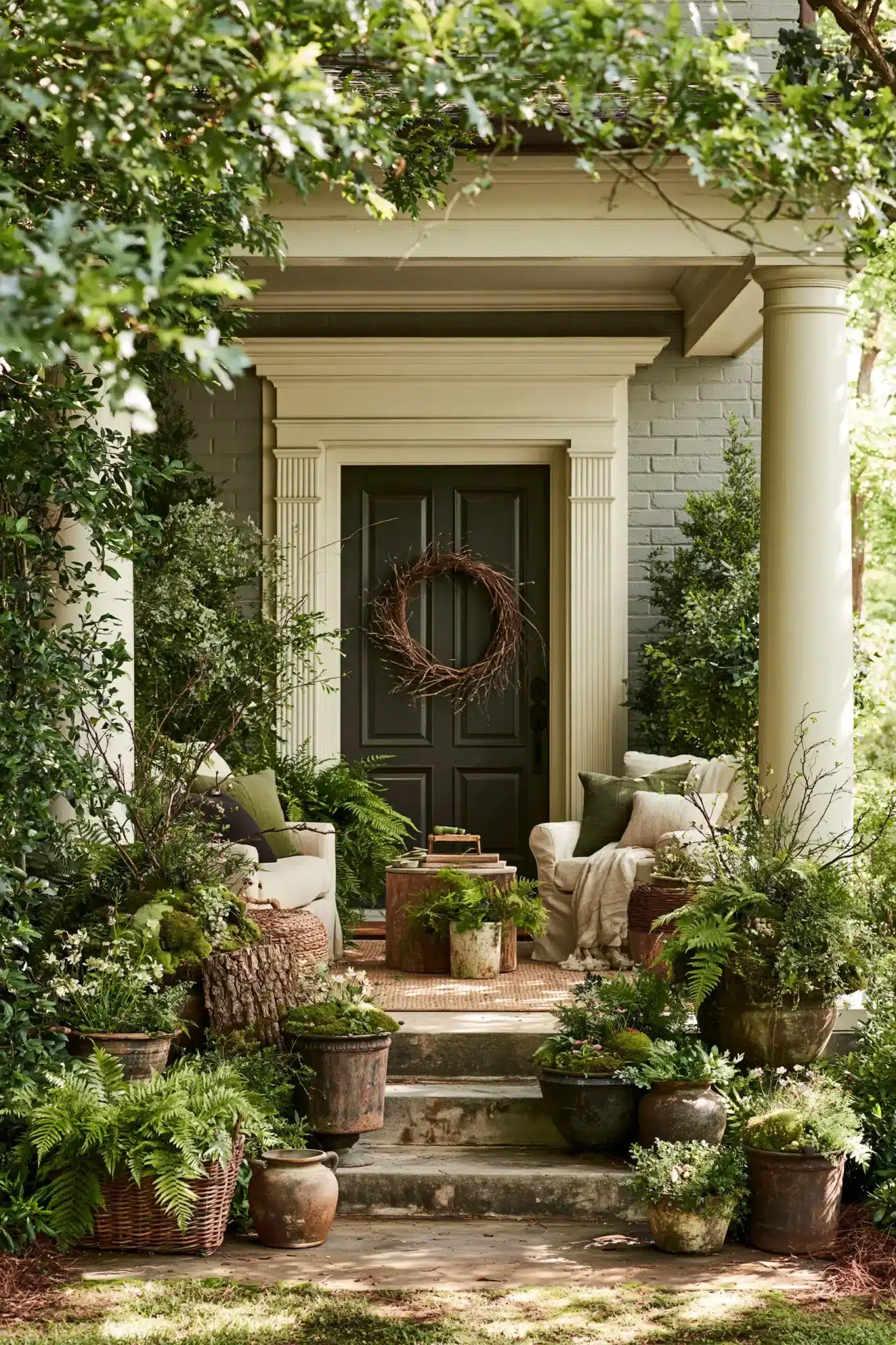 A woodland-inspired spring porch with moss, ferns, rustic containers, and natural textures.