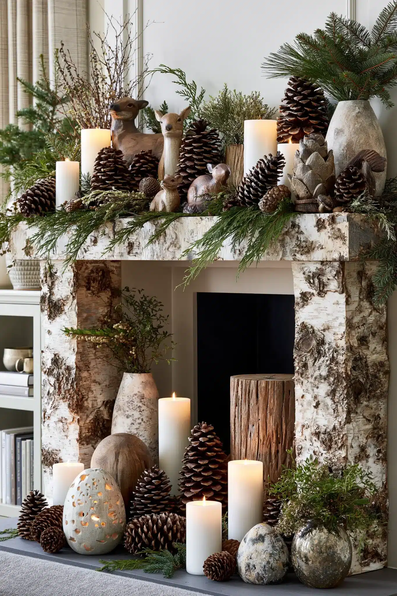 Woodland Christmas mantel with pinecones, evergreen branches, and rustic accents