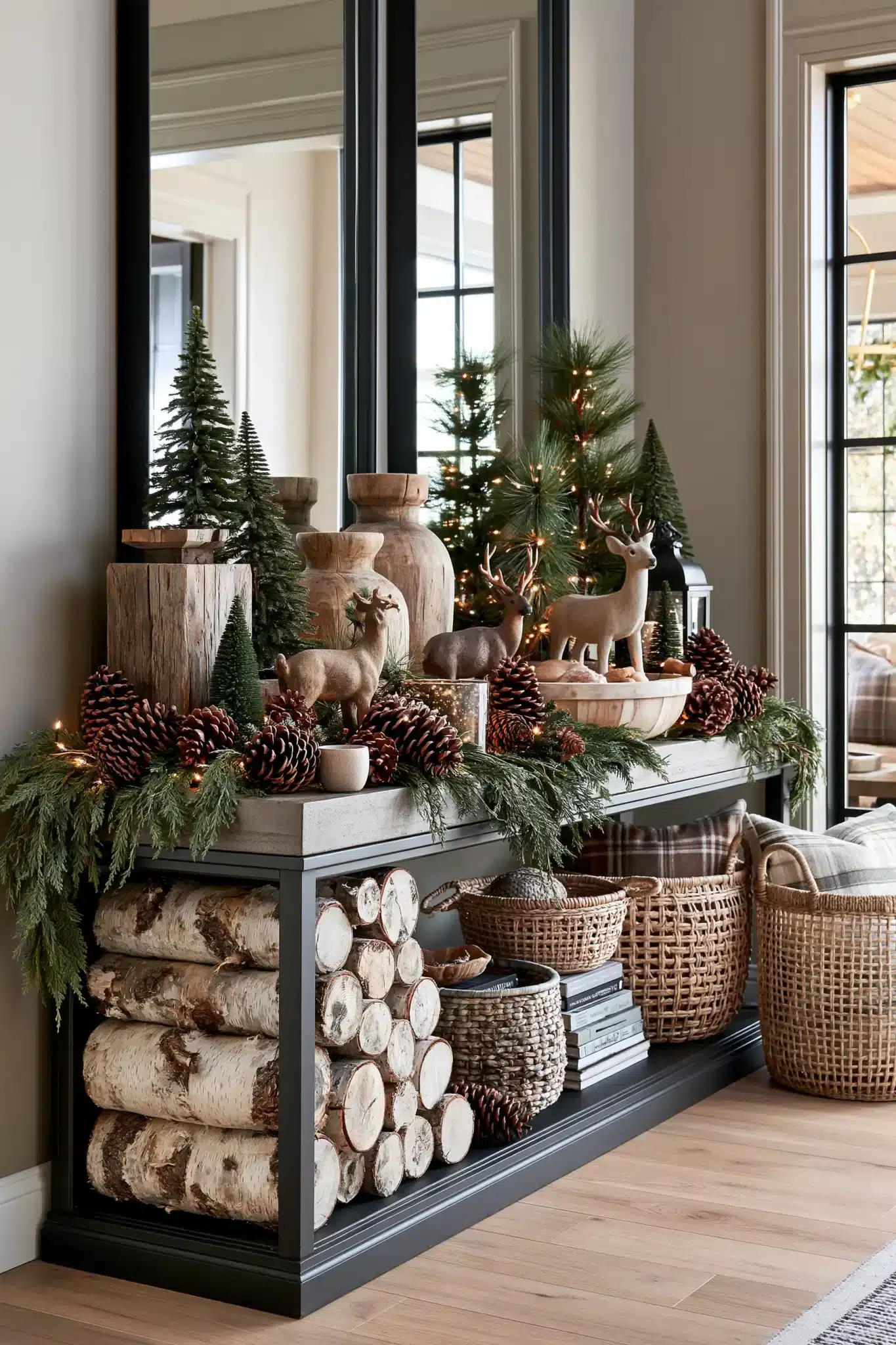 Rustic woodland Christmas entryway table decorated with pinecones, birch, and greenery