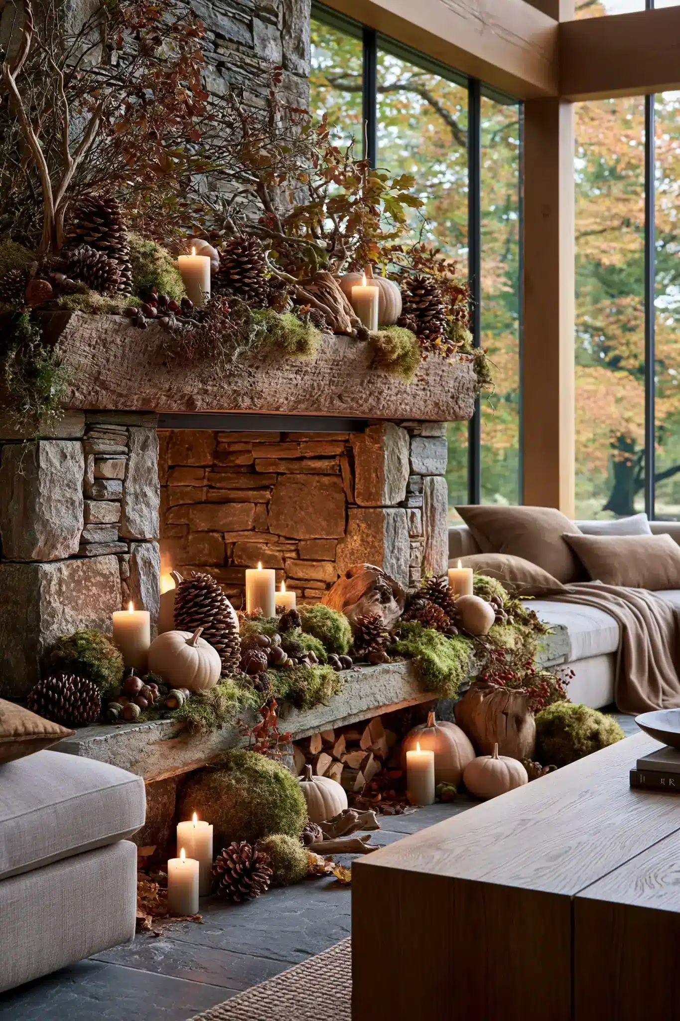 Woodland Thanksgiving mantel with pinecones, moss, branches, and neutral pumpkins.