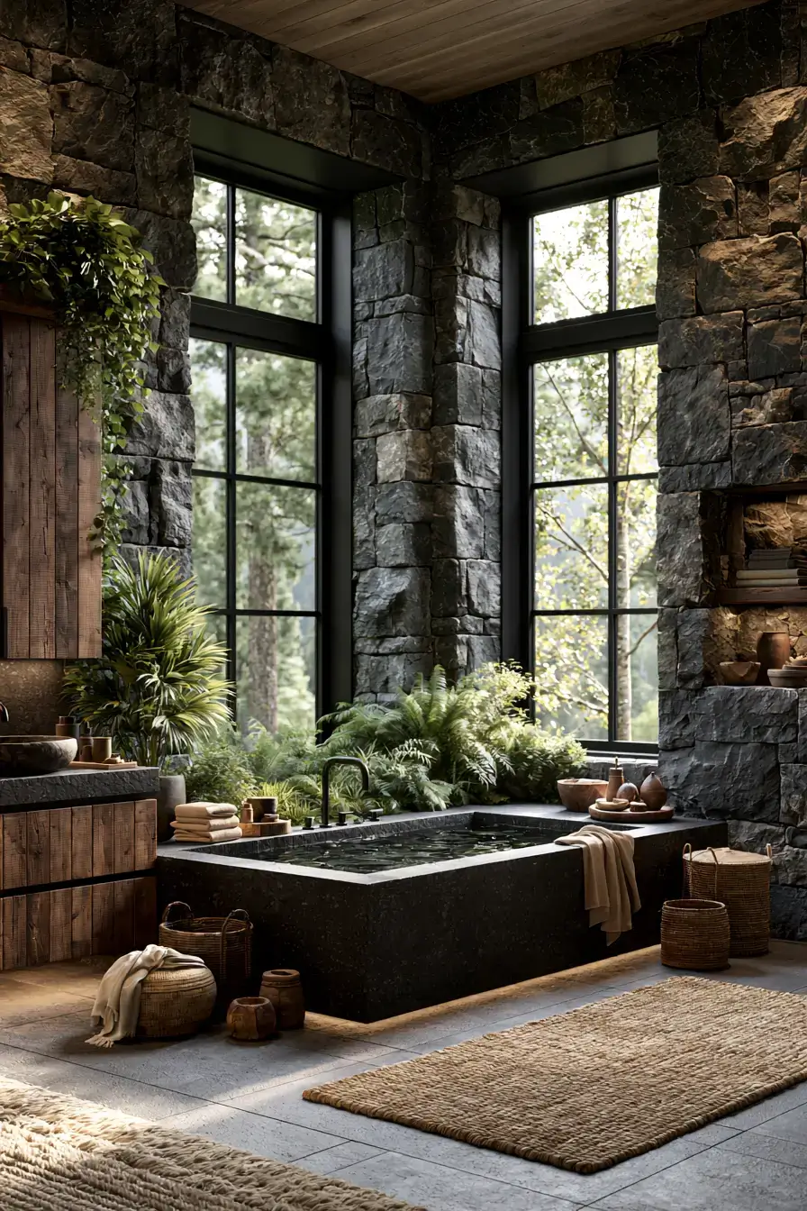 Woodland-inspired bathroom with stone, greenery, and warm wood