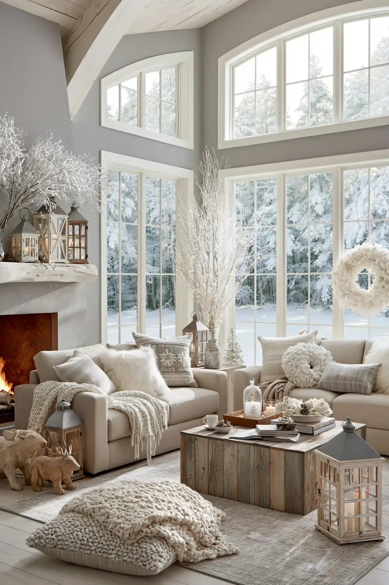 Frozen forest inspired holiday interior with frosted branches, lanterns, and white Christmas decor