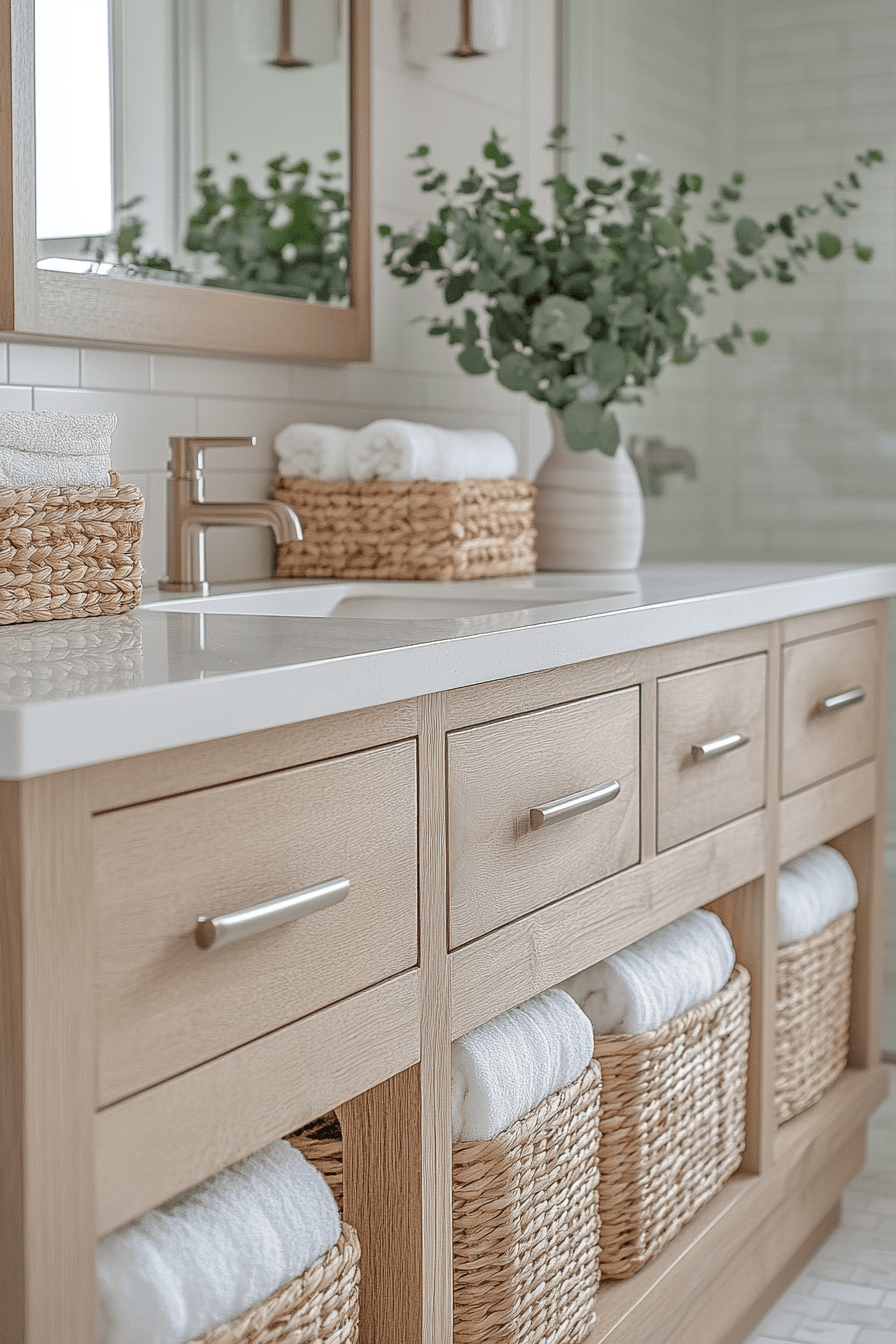 Coastal bathroom with seagrass baskets, woven texture, and light wood shelving