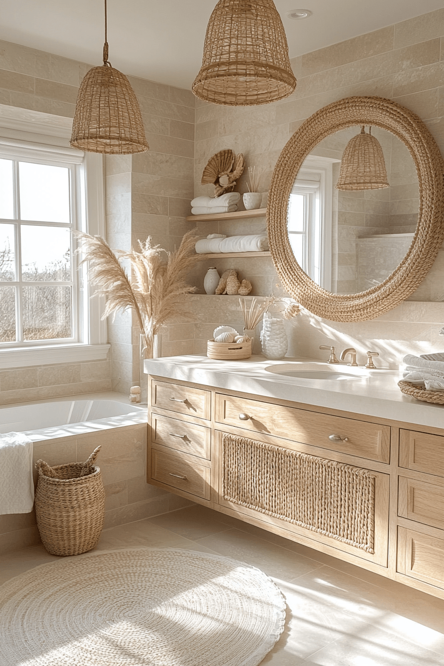 Coastal bathroom with woven baskets, rattan mirror, wood vanity, and brass accents