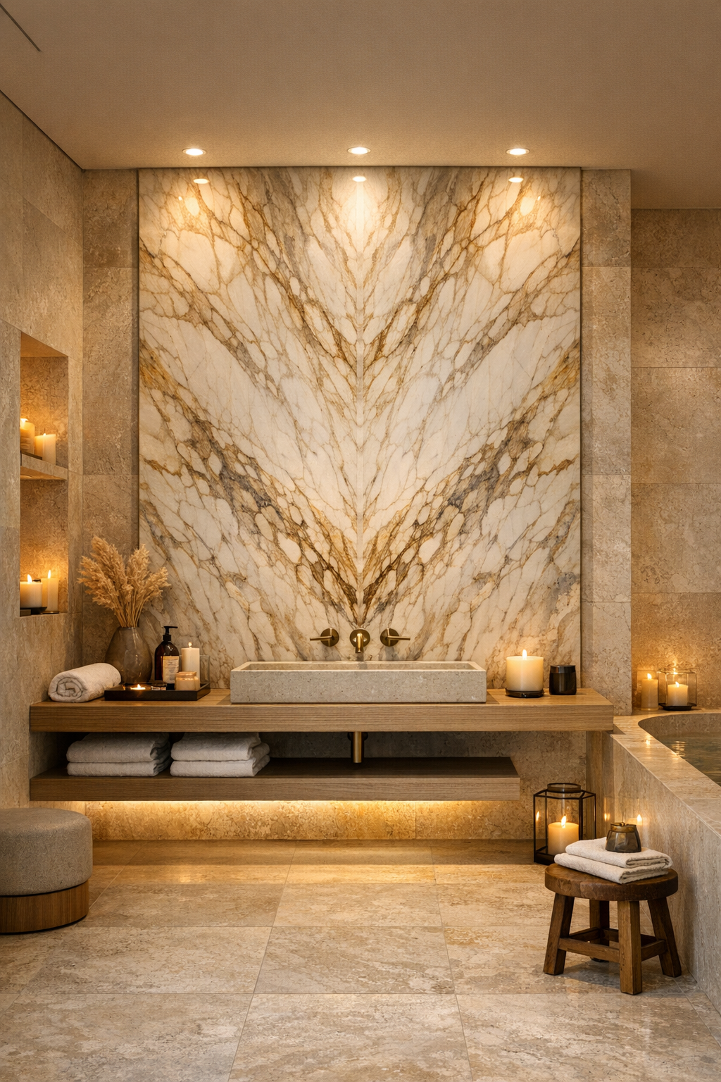 Natural stone bathroom with a dramatic bookmatched marble feature wall