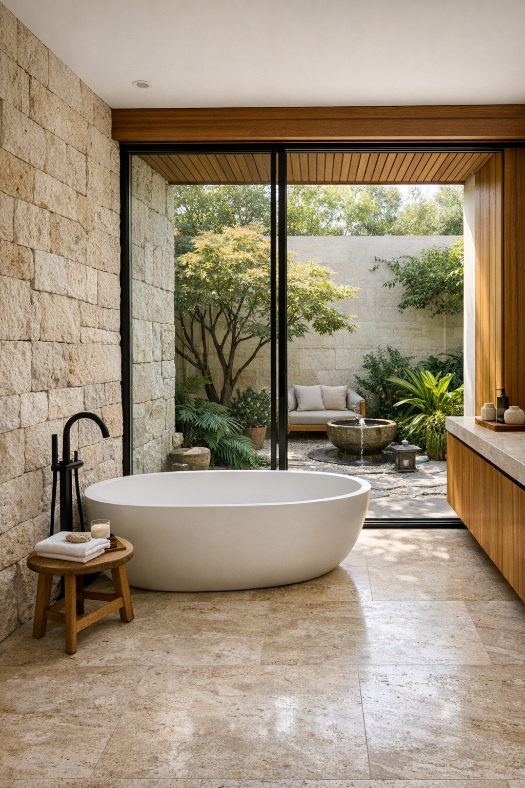 Natural stone bathroom with a freestanding tub and courtyard view