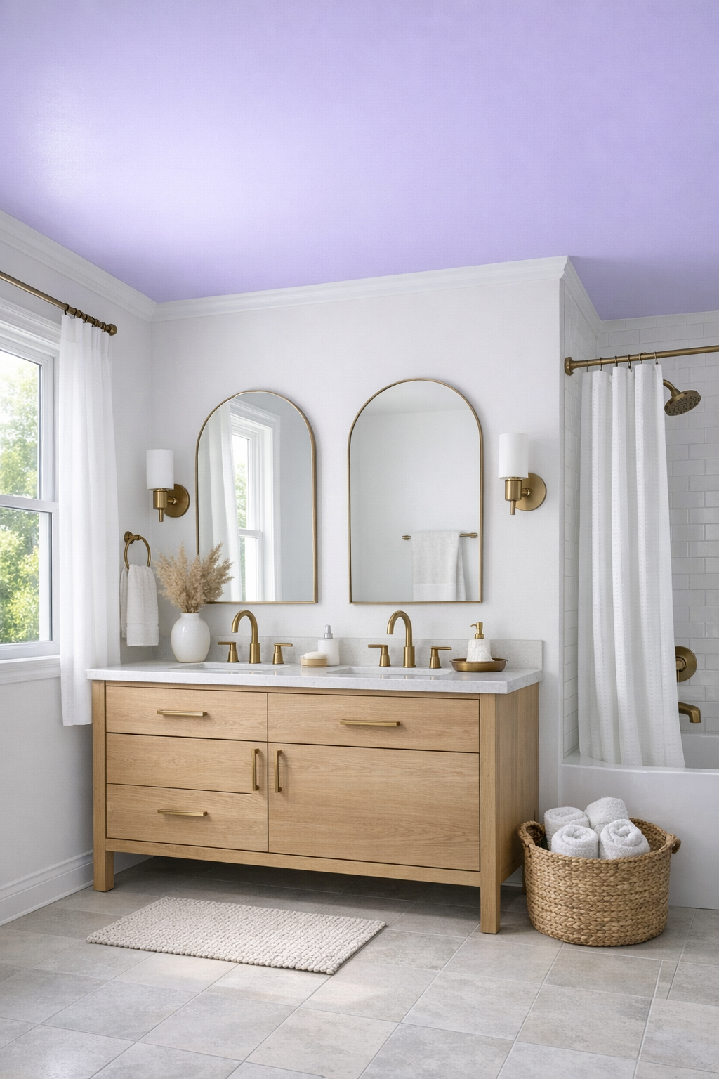 A bathroom with a soft purple ceiling, white walls, and warm brass fixtures