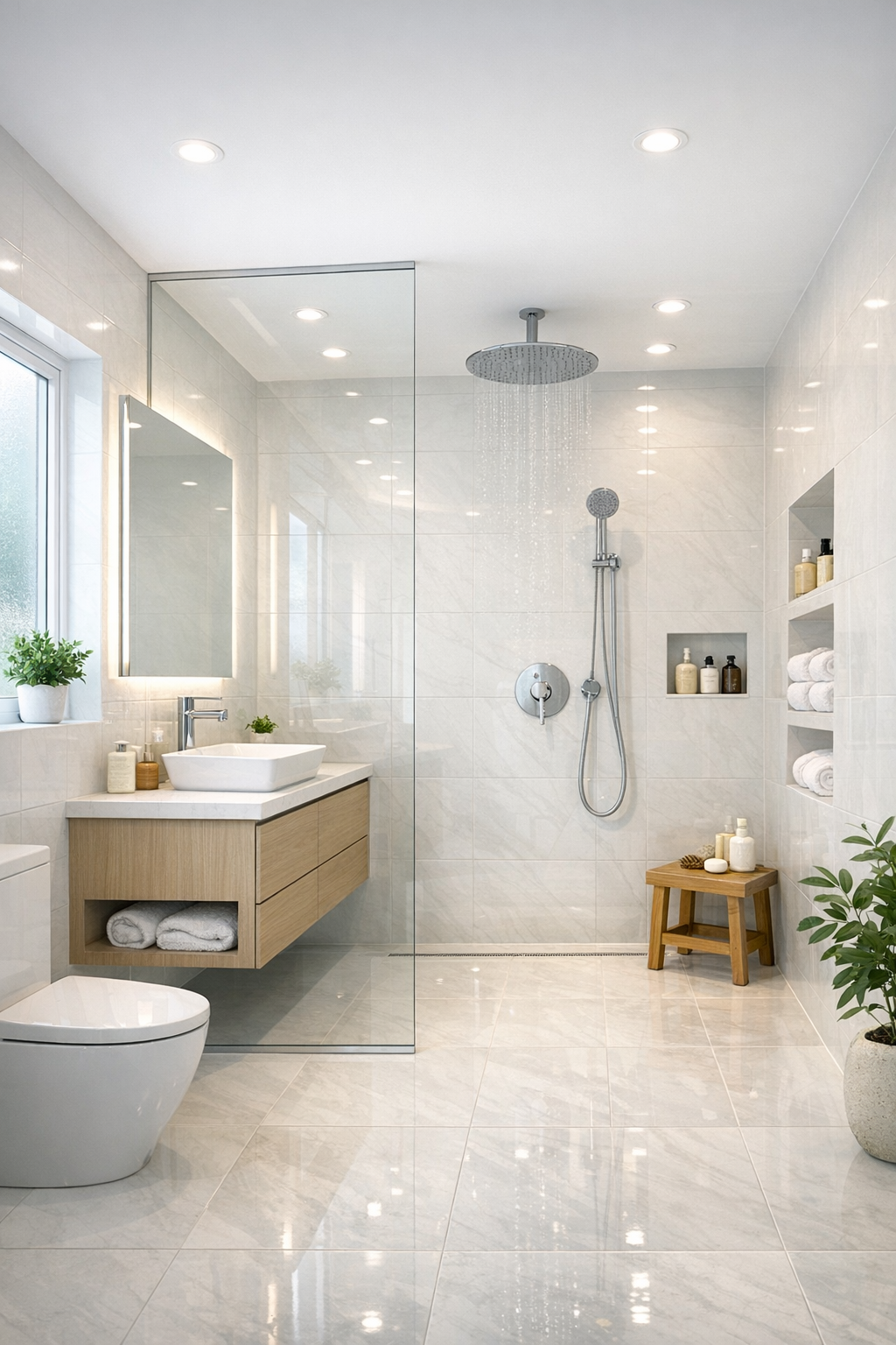 A small bathroom with a wet-room style walk-in shower and a seamless barrier-free floor.