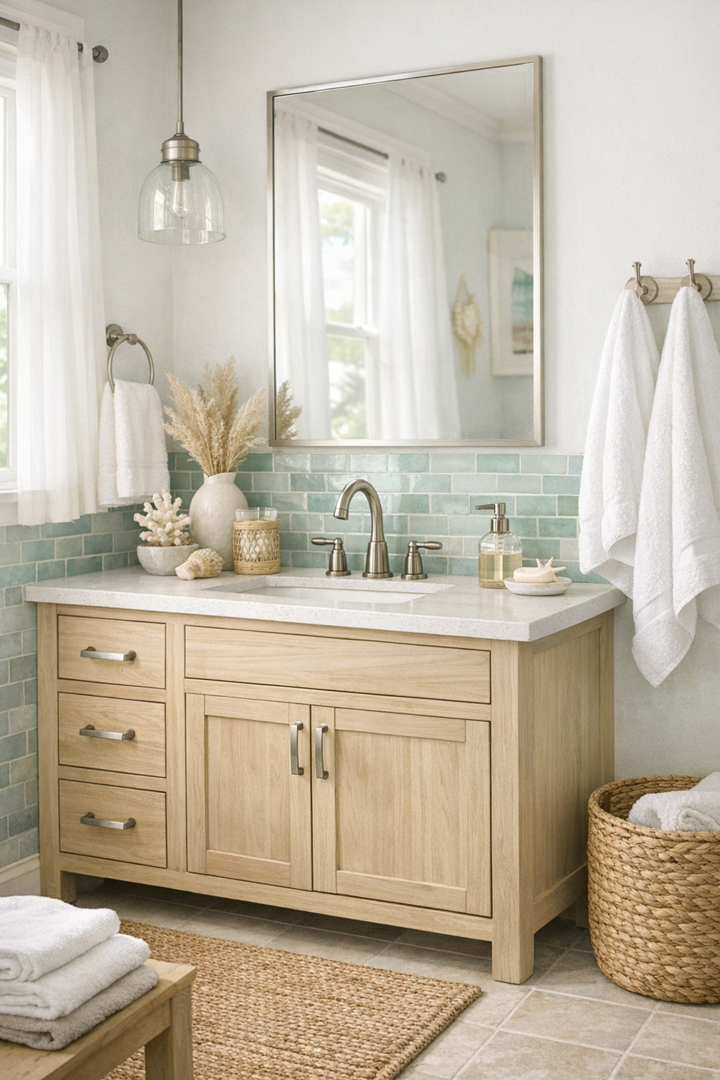 Beachy bathroom with sea-glass accents, soft daylight, and a fresh coastal vanity scene