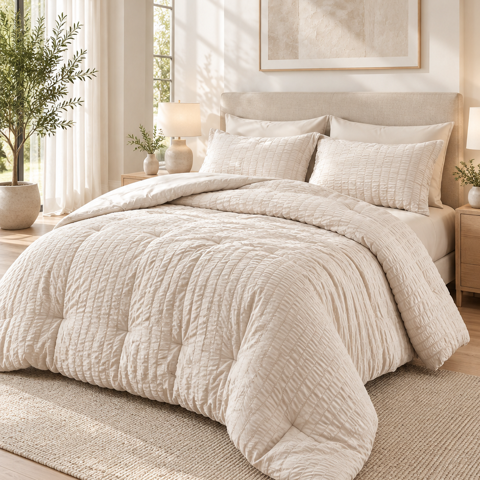 Beige Queen Comforter Set Seersucker 7 Pieces