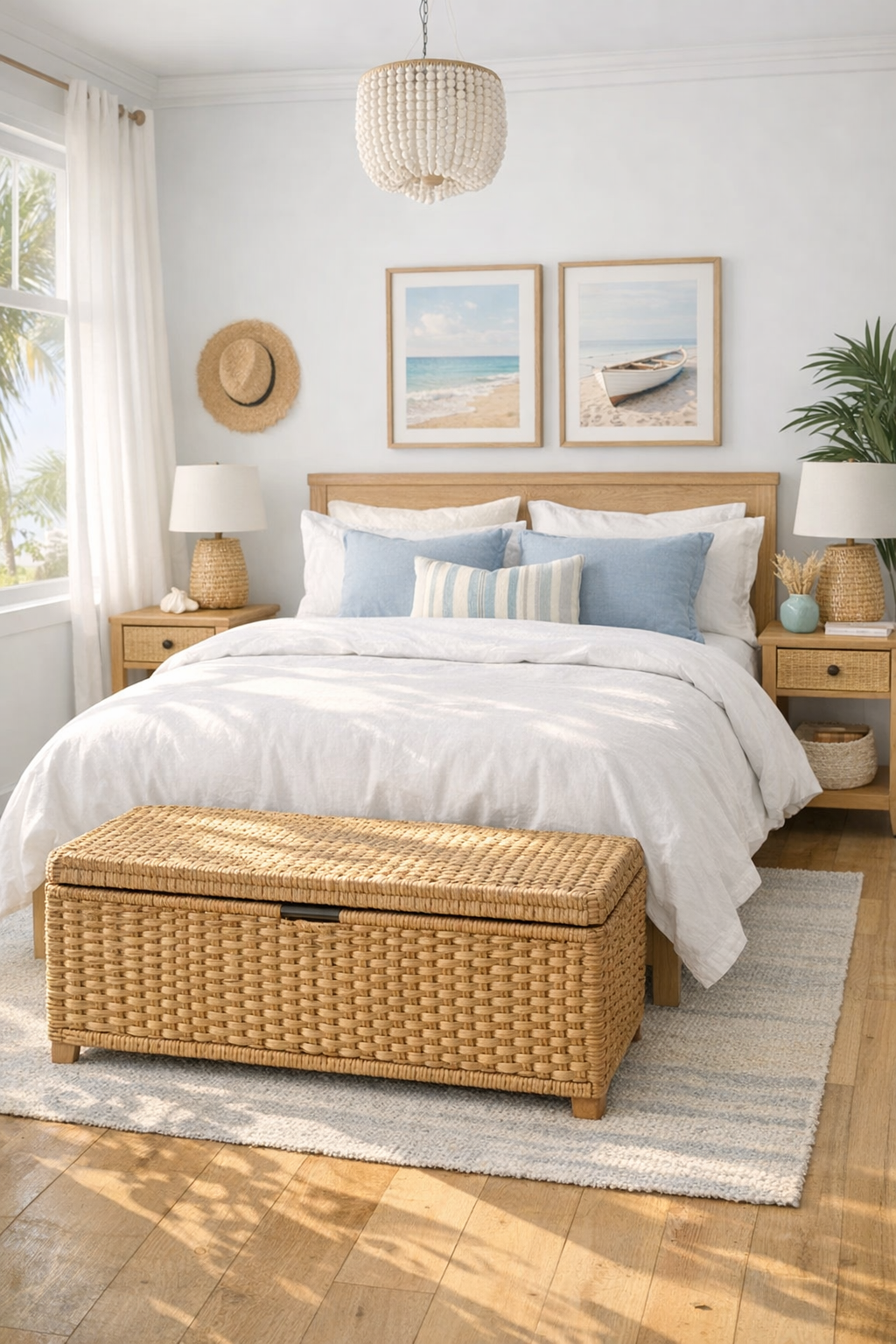 Beach theme bedroom with a woven storage bench, crisp bedding, and airy coastal decor