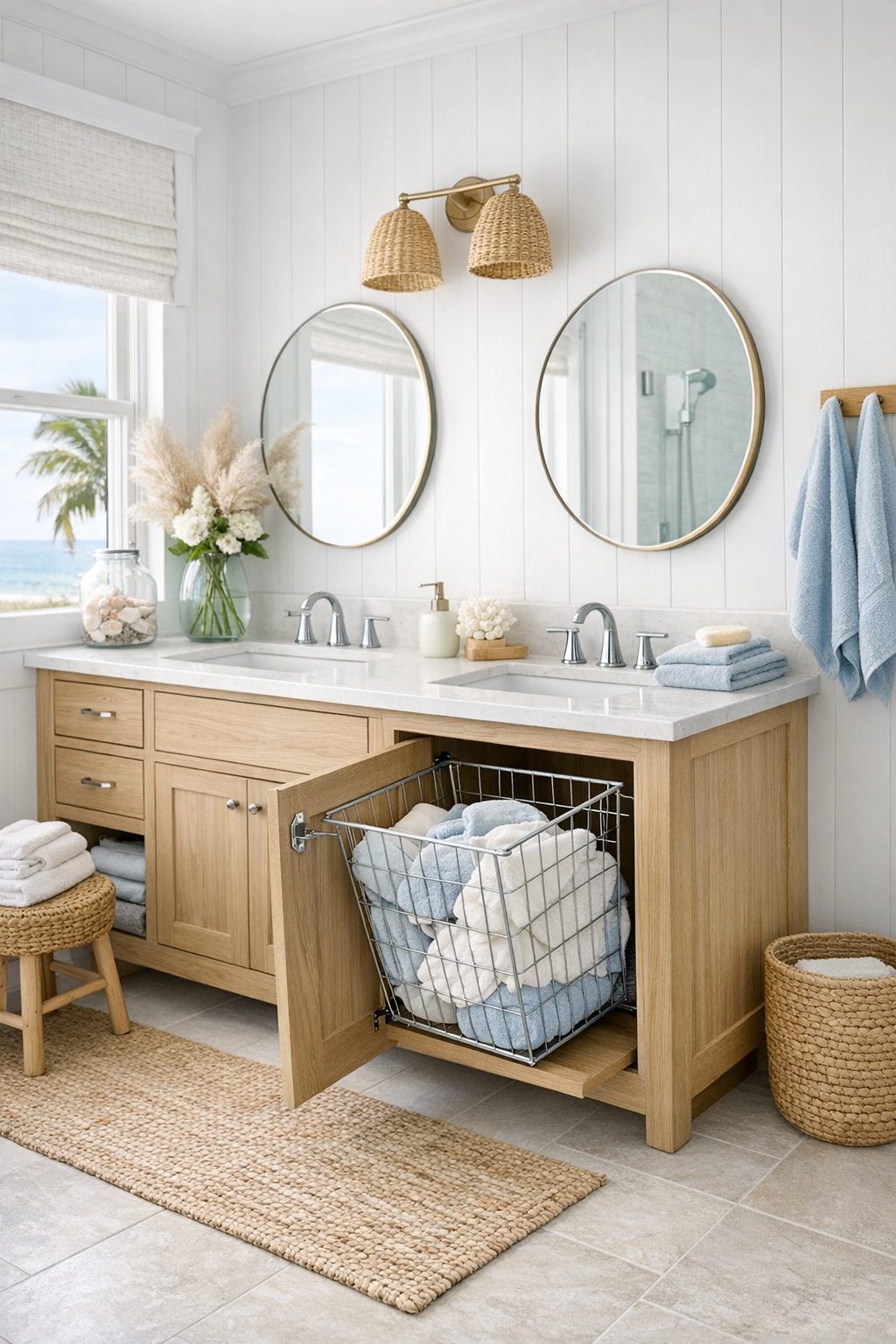Coastal bathroom with hidden hamper storage, light wood finishes, and a clean beachy look