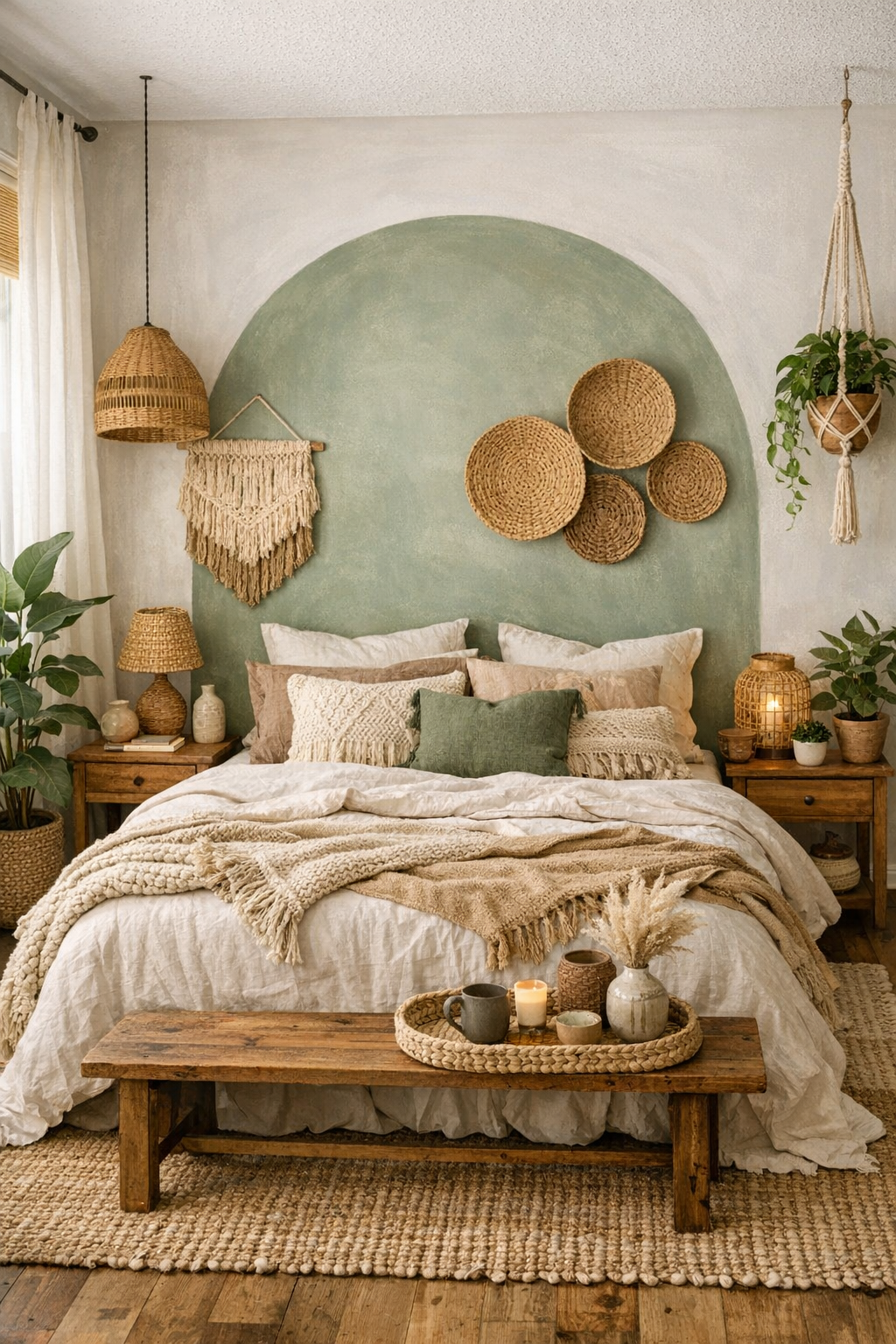 A green boho bedroom with a painted arch accent wall, layered bedding, and natural textures