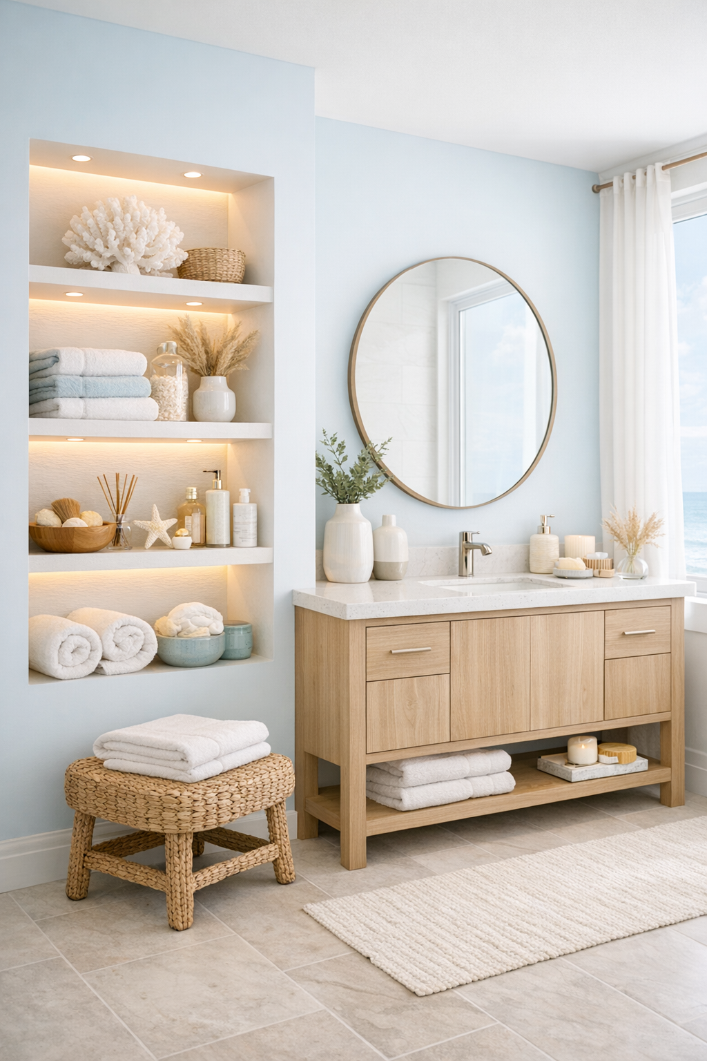 Modern coastal bathroom with recessed storage wall, soft lighting, and a calm custom look
