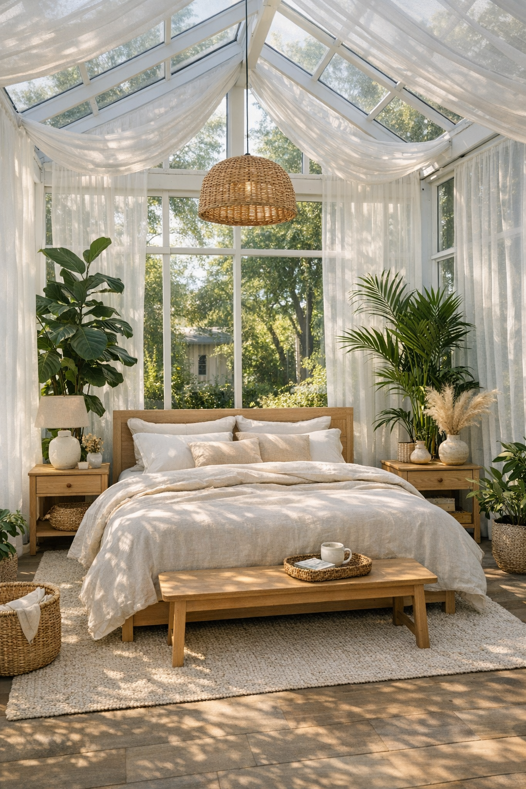 Bright nature-inspired bedroom with sheer curtains, leafy plants, and light wood furniture
