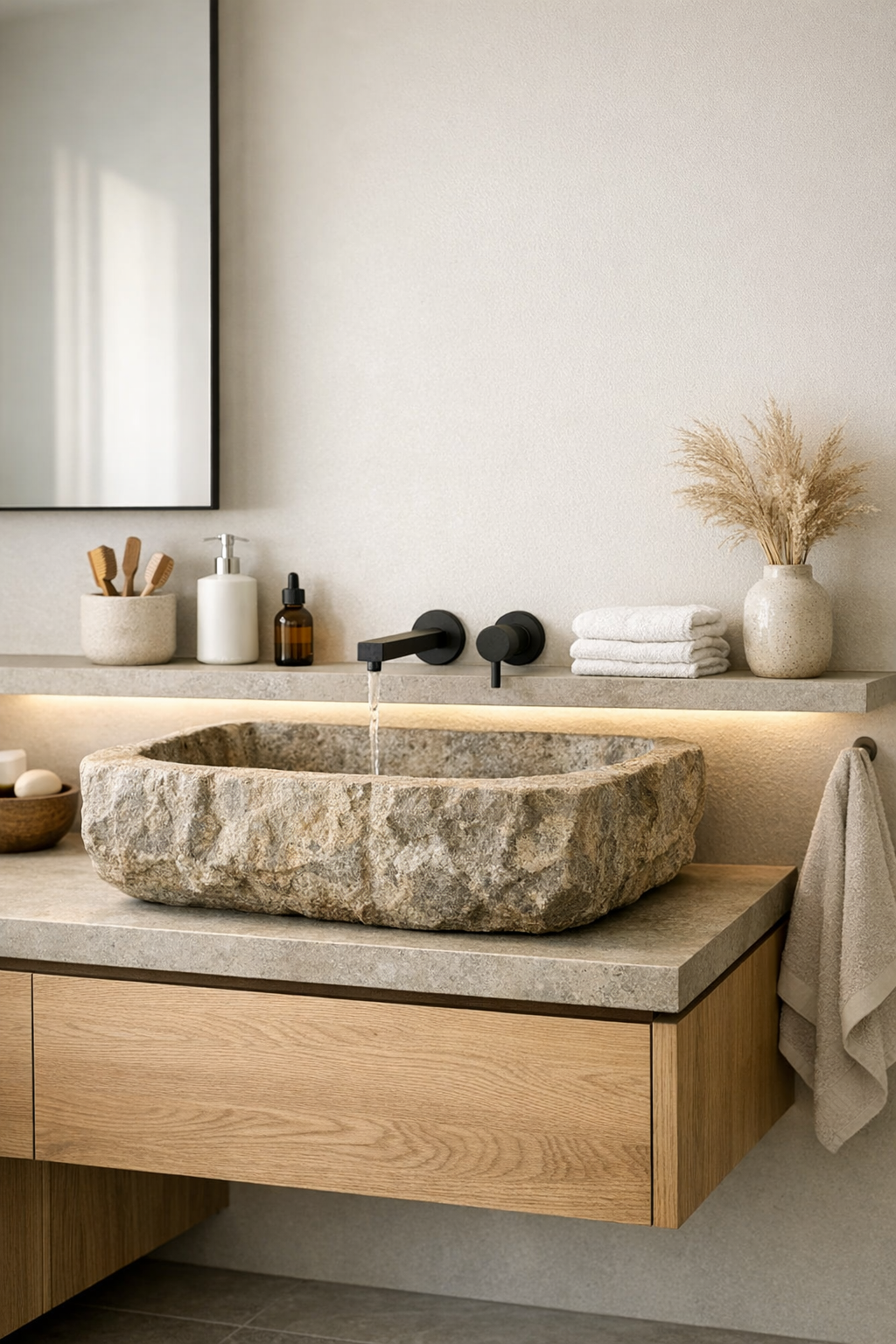 A stone sink bathroom with a slim ledge, hidden storage, and a wall-mounted faucet