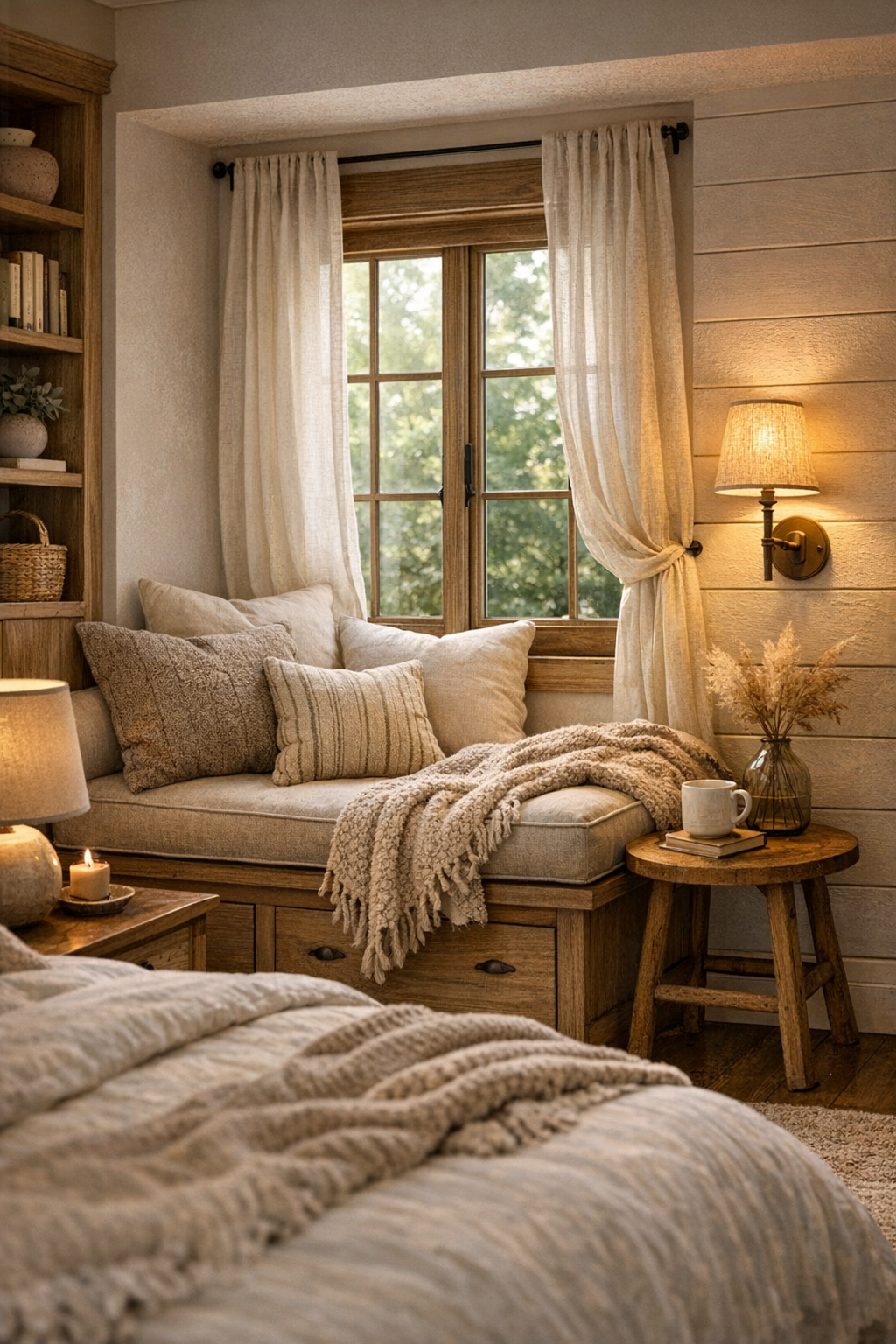A cozy warm bedroom featuring a cushioned window seat reading corner with soft pillows and a throw blanket