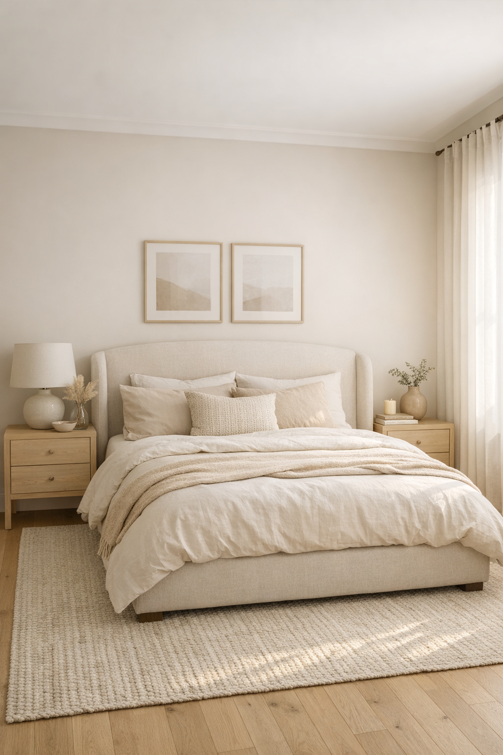 warm beige bedroom with a slightly lighter ceiling and soft natural light