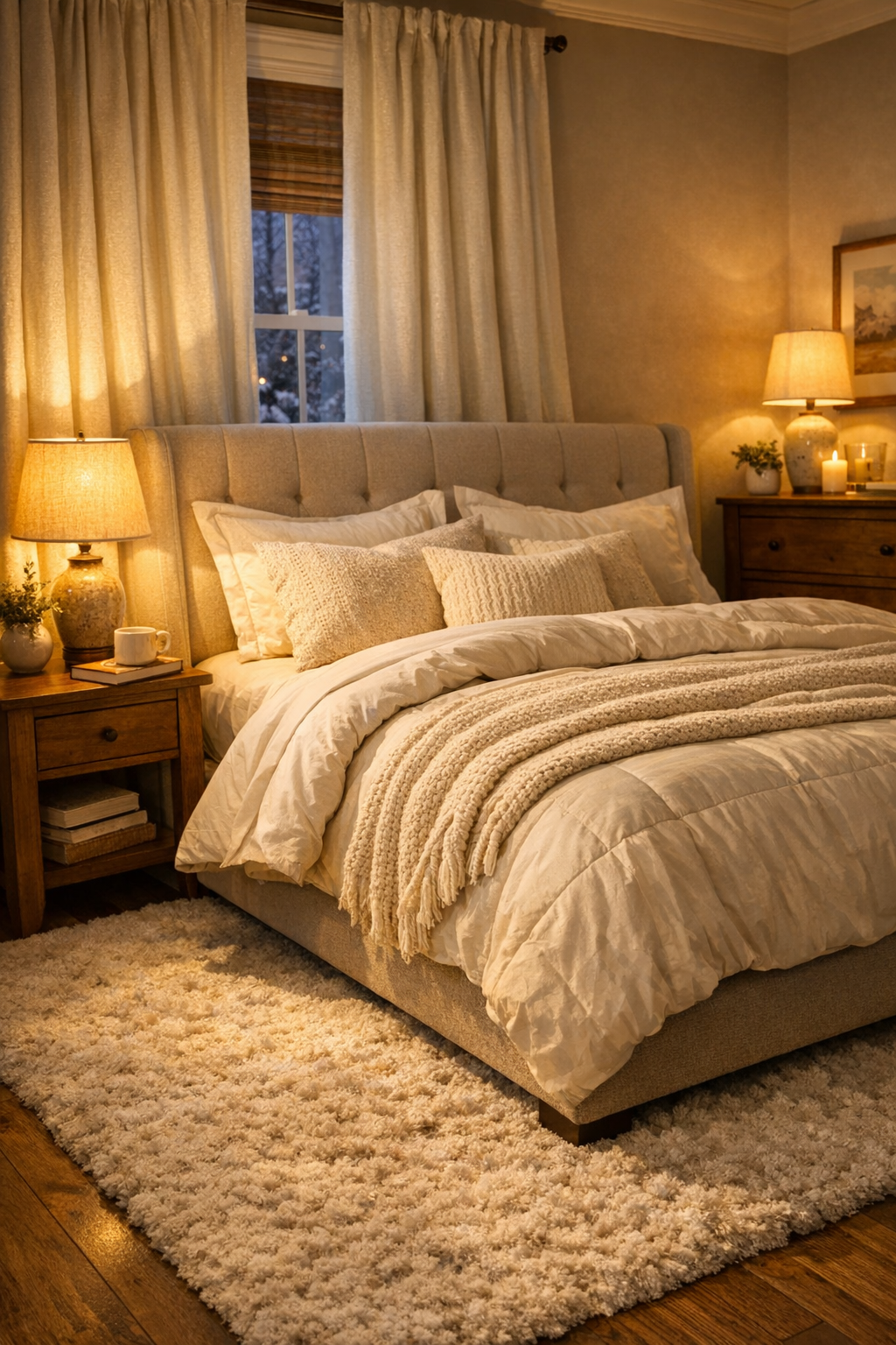 A draft-free cozy bedroom with thermal curtains, soft bedding, and warm bedside lighting.