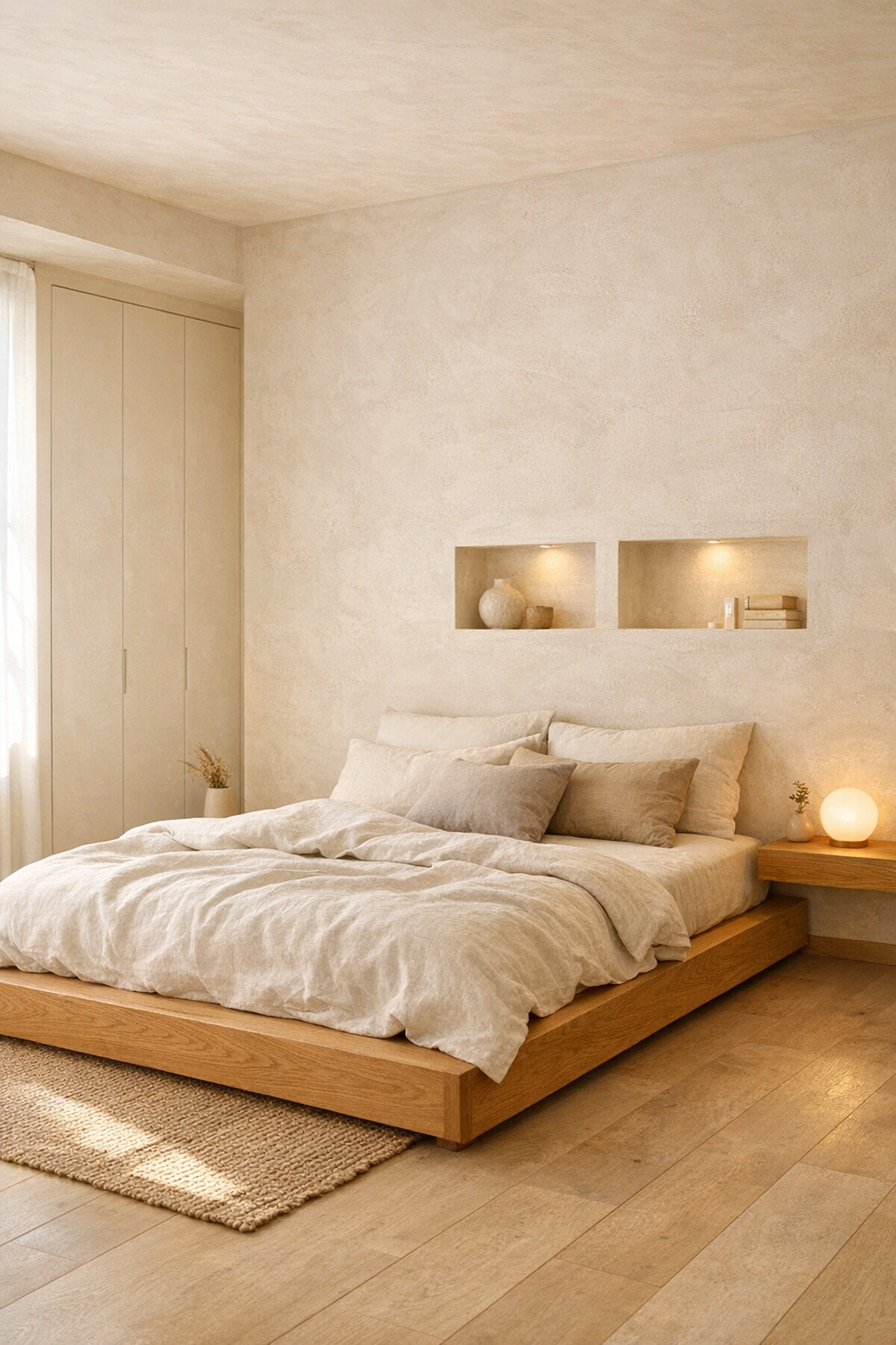 Warm minimalist bedroom with hidden storage, soft neutral bedding, and natural wood finishes